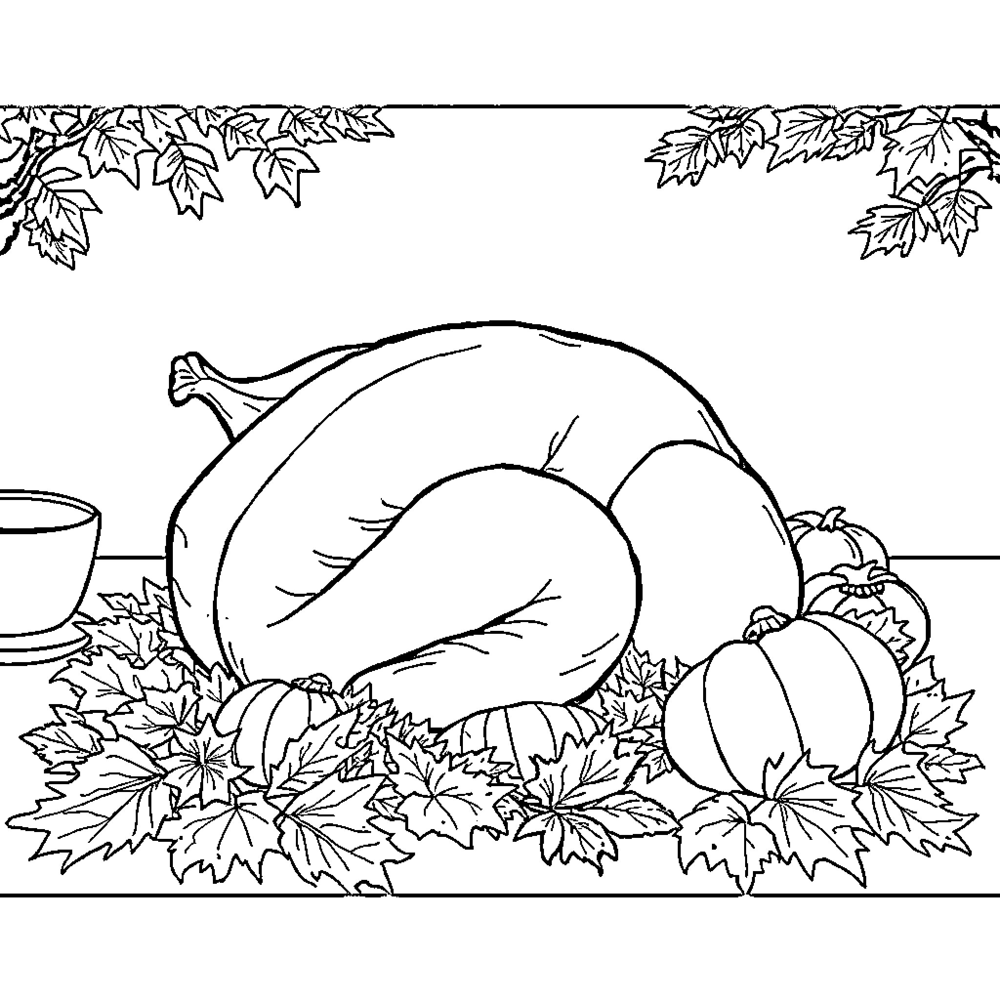 Turkey and autumn harvest display with leaves Coloring Page (free black-and-white line drawing printable PDF for all, from beginners to advanced learners, including children, teens, adults, and seniors)