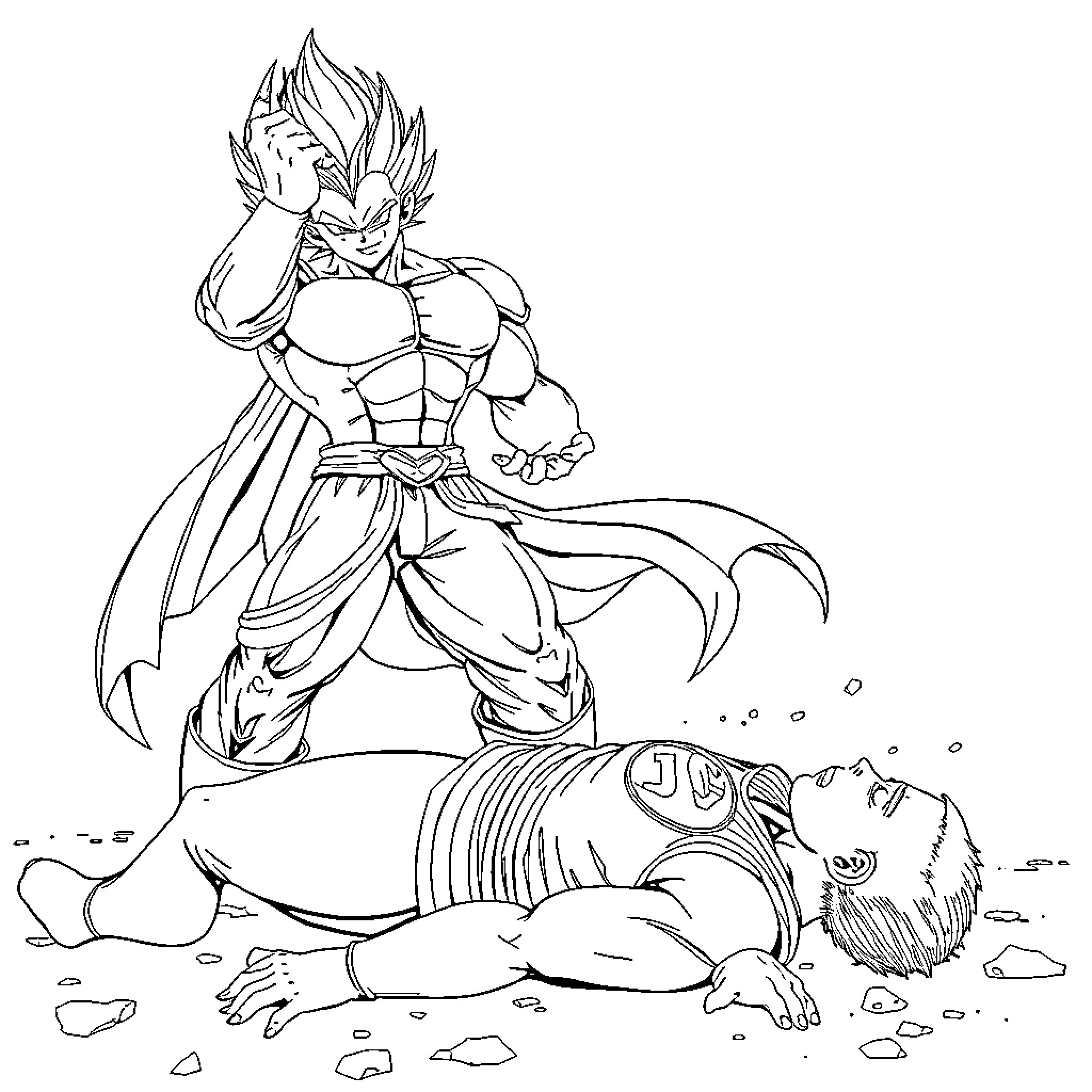 Vegeta unleashing his power over an unconscious opponent Coloring Page (free black-and-white line drawing printable PDF for all, from beginners to advanced learners, including children, teens, adults, and seniors)