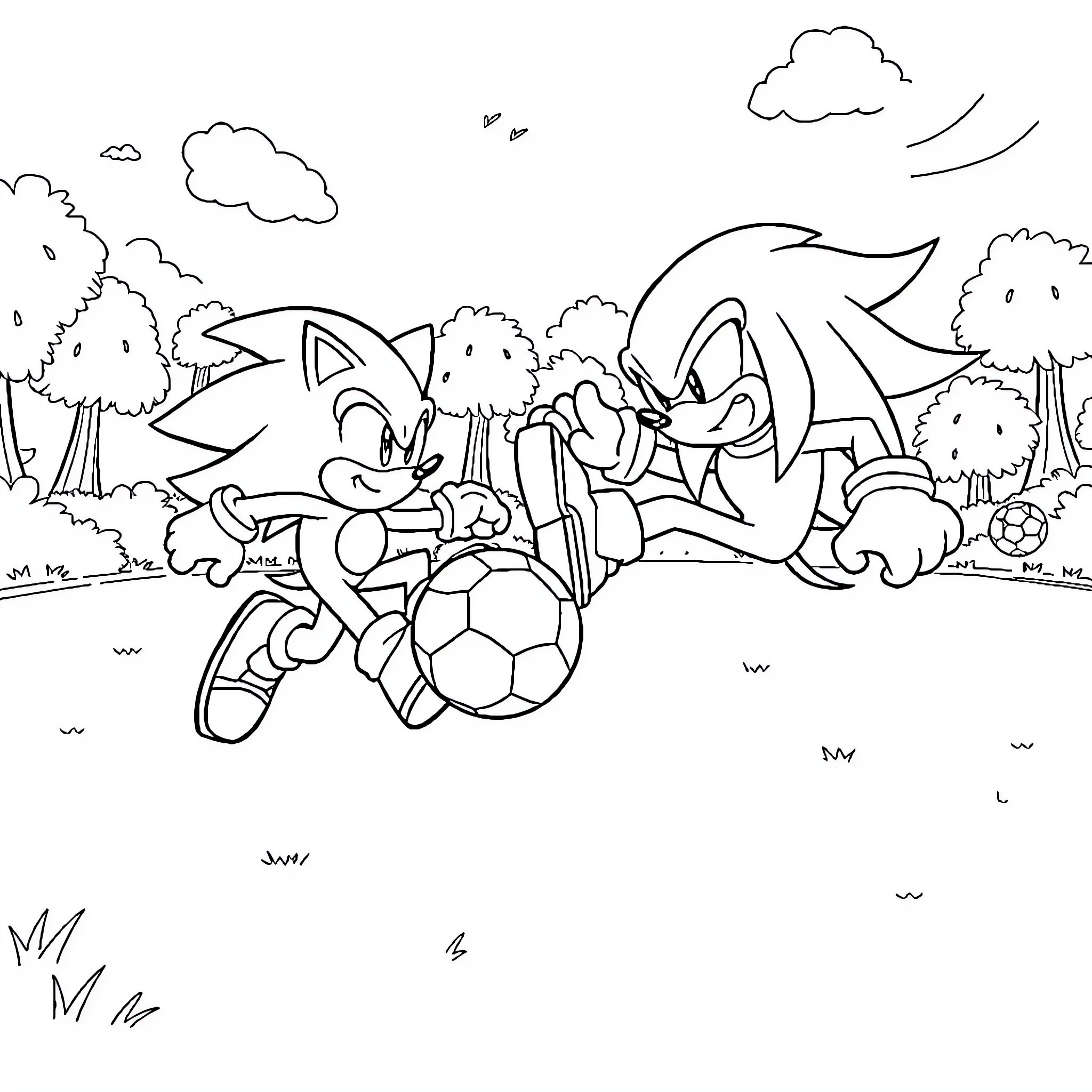 Sonic and friends playing soccer in the park Coloring Page (free black-and-white line drawing printable PDF for all, from beginners to advanced learners, including children, teens, adults, and seniors)
