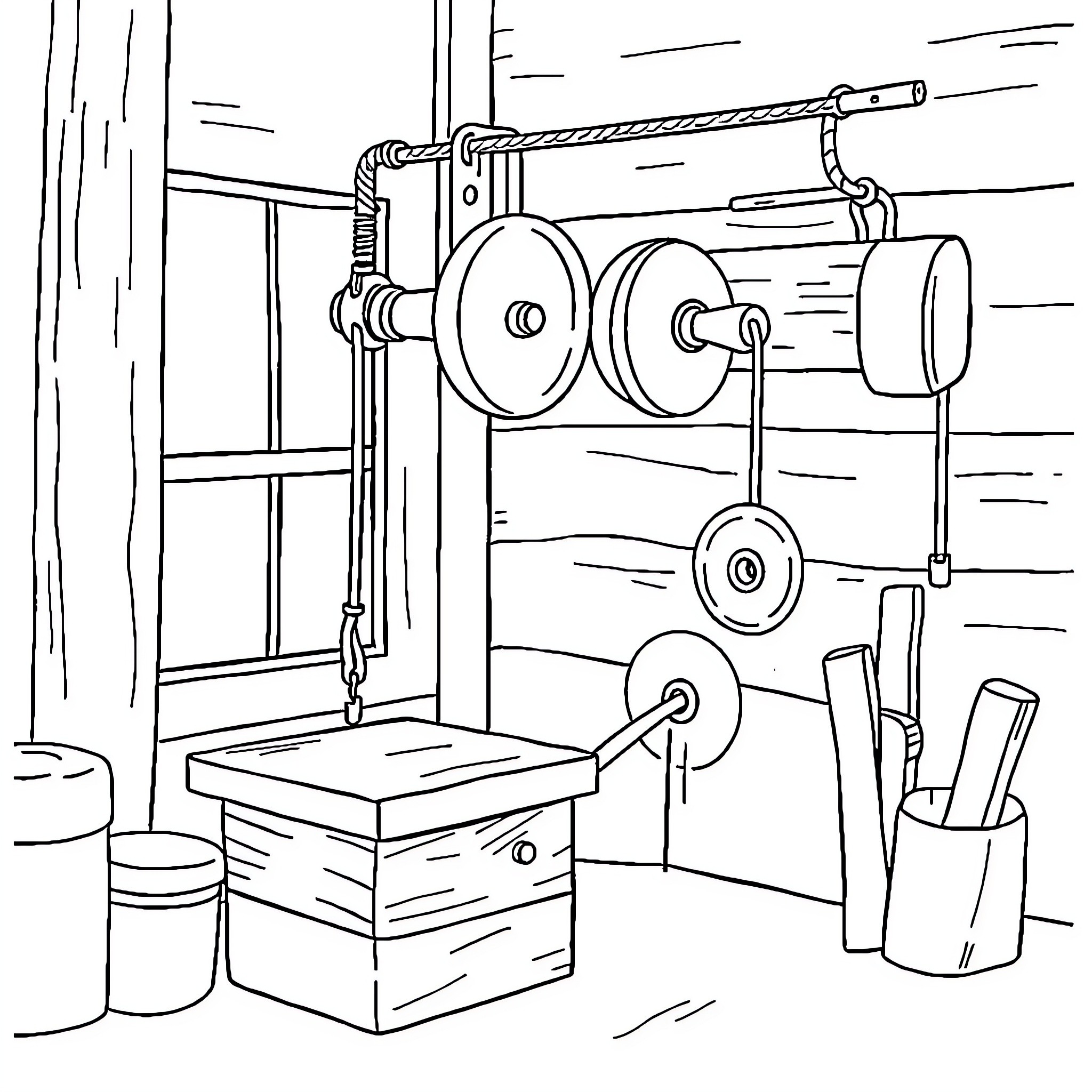 Machine Tools in a Workshop Coloring Page (free black-and-white line drawing printable PDF for all, from beginners to advanced learners, including children, teens, adults, and seniors)
