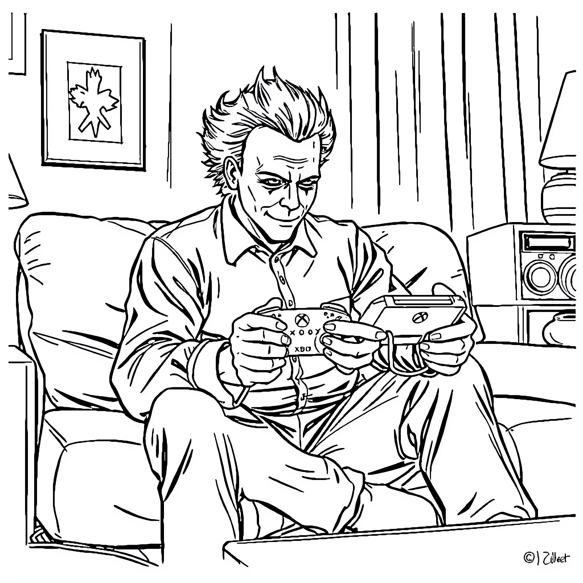 Michael Myers Gaming in His Lair Coloring Page (free black-and-white line drawing printable PDF for all, from beginners to advanced learners, including children, teens, adults, and seniors)