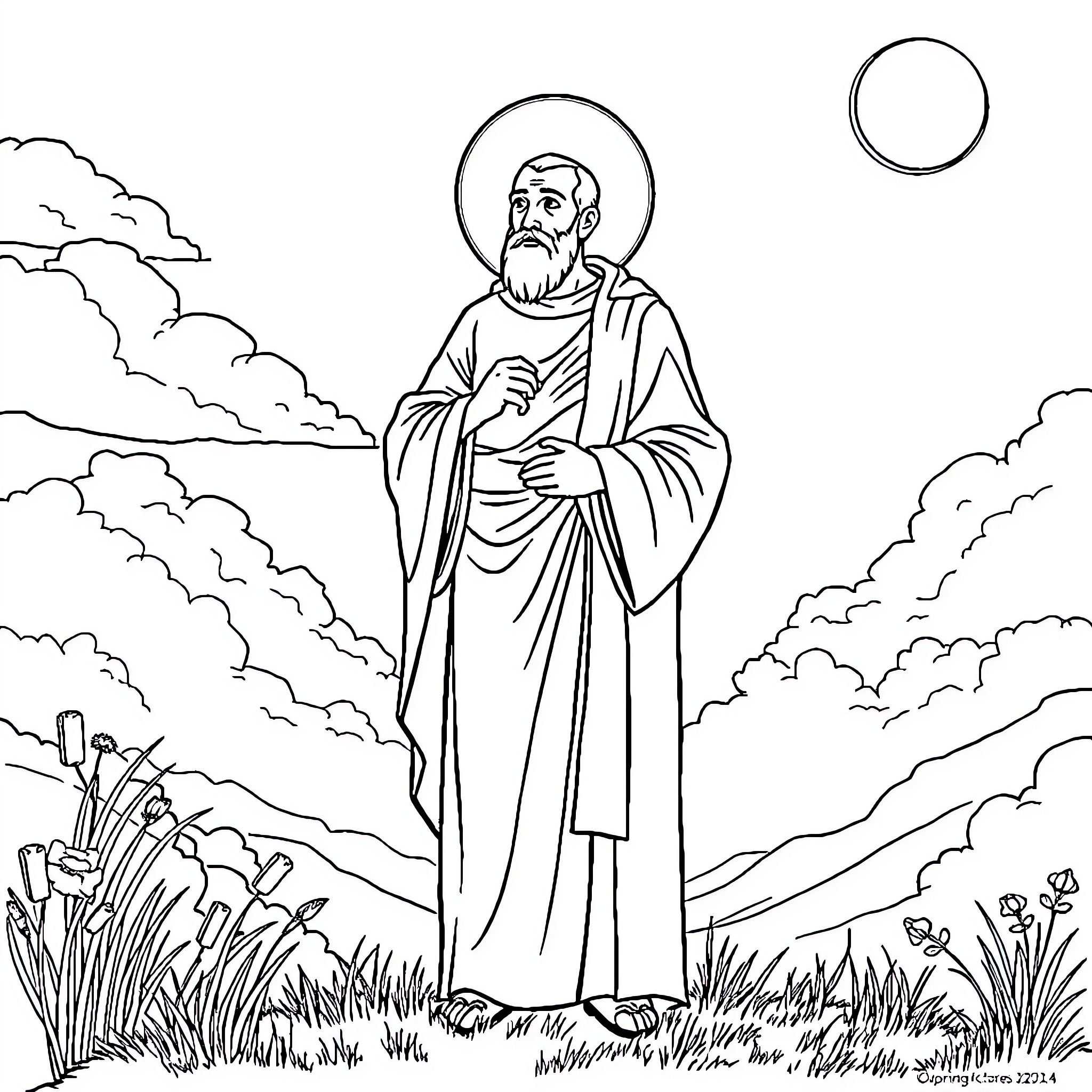 Saint Ignatius Praying in Serene Outdoor Setting Coloring Page (free black-and-white line drawing printable PDF for all, from beginners to advanced learners, including children, teens, adults, and seniors)