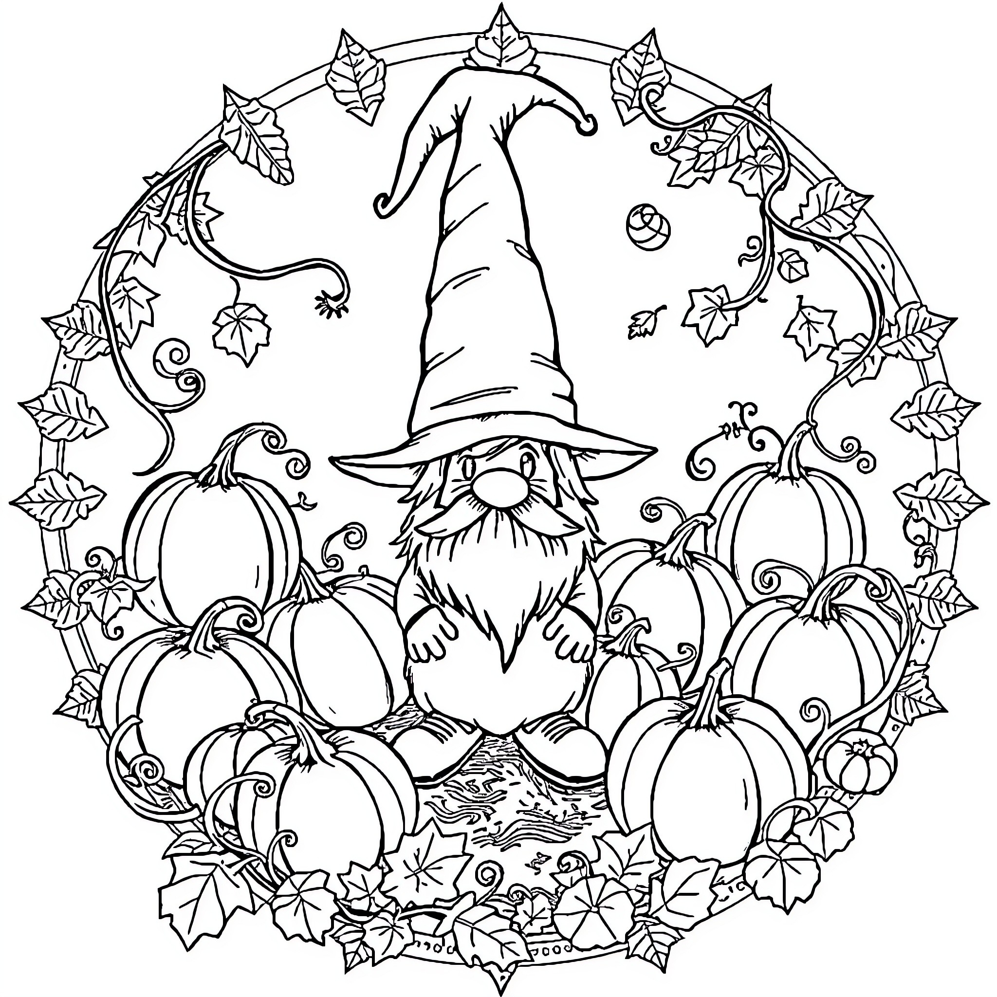 Gnome surrounded by autumn leaves and pumpkins Coloring Page (free black-and-white line drawing printable PDF for all, from beginners to advanced learners, including children, teens, adults, and seniors)