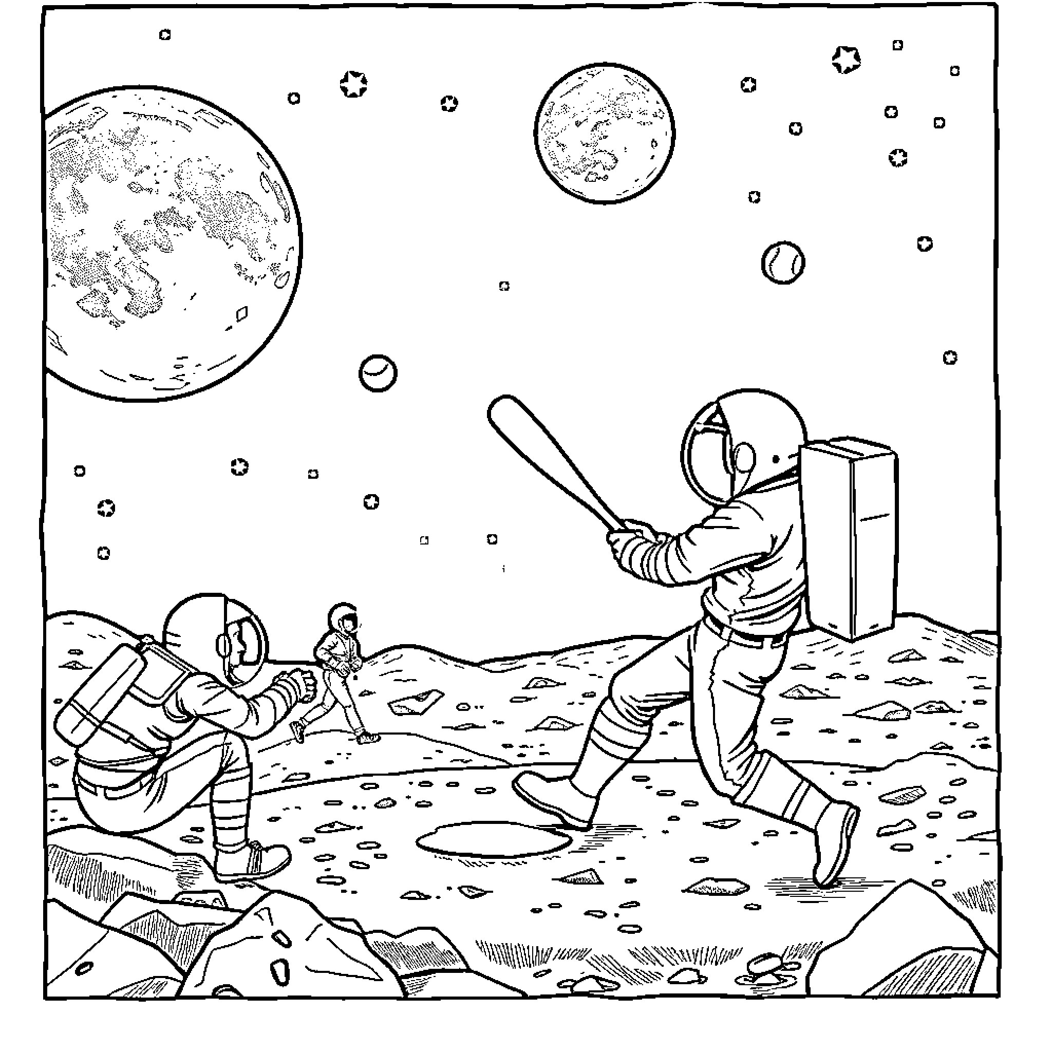 Baseball Game on the Moon Coloring Page (free black-and-white line drawing printable PDF for all, from beginners to advanced learners, including children, teens, adults, and seniors)