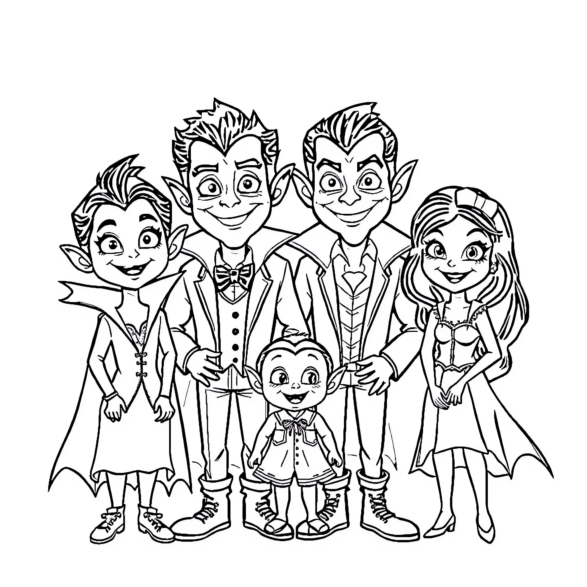 Vampire Family Gathers for a Festive Occasion Coloring Page (free black-and-white line drawing printable PDF for all, from beginners to advanced learners, including children, teens, adults, and seniors)