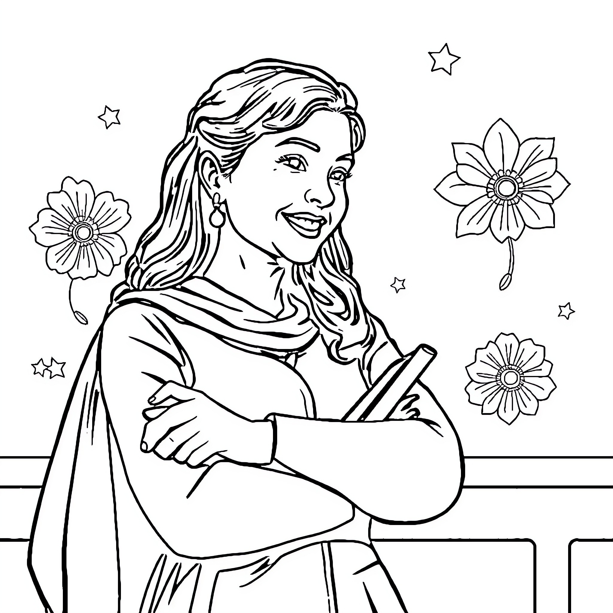Principal Smiling Woman with Floral Accents Coloring Page (free black-and-white line drawing printable PDF for all, from beginners to advanced learners, including children, teens, adults, and seniors)