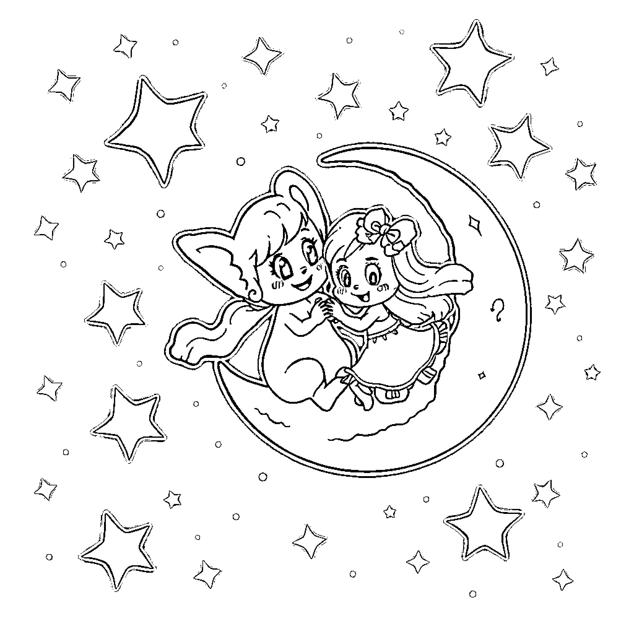 Bluey and friends explore the starry night sky Coloring Page (free black-and-white line drawing printable PDF for all, from beginners to advanced learners, including children, teens, adults, and seniors)