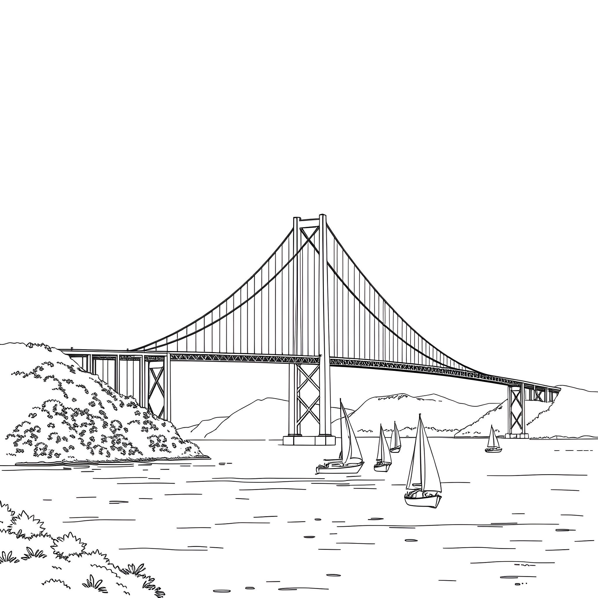 Mackinaw Bridge Crossing Scenic Waterway Coloring Page (free black-and-white line drawing printable PDF for all, from beginners to advanced learners, including children, teens, adults, and seniors)