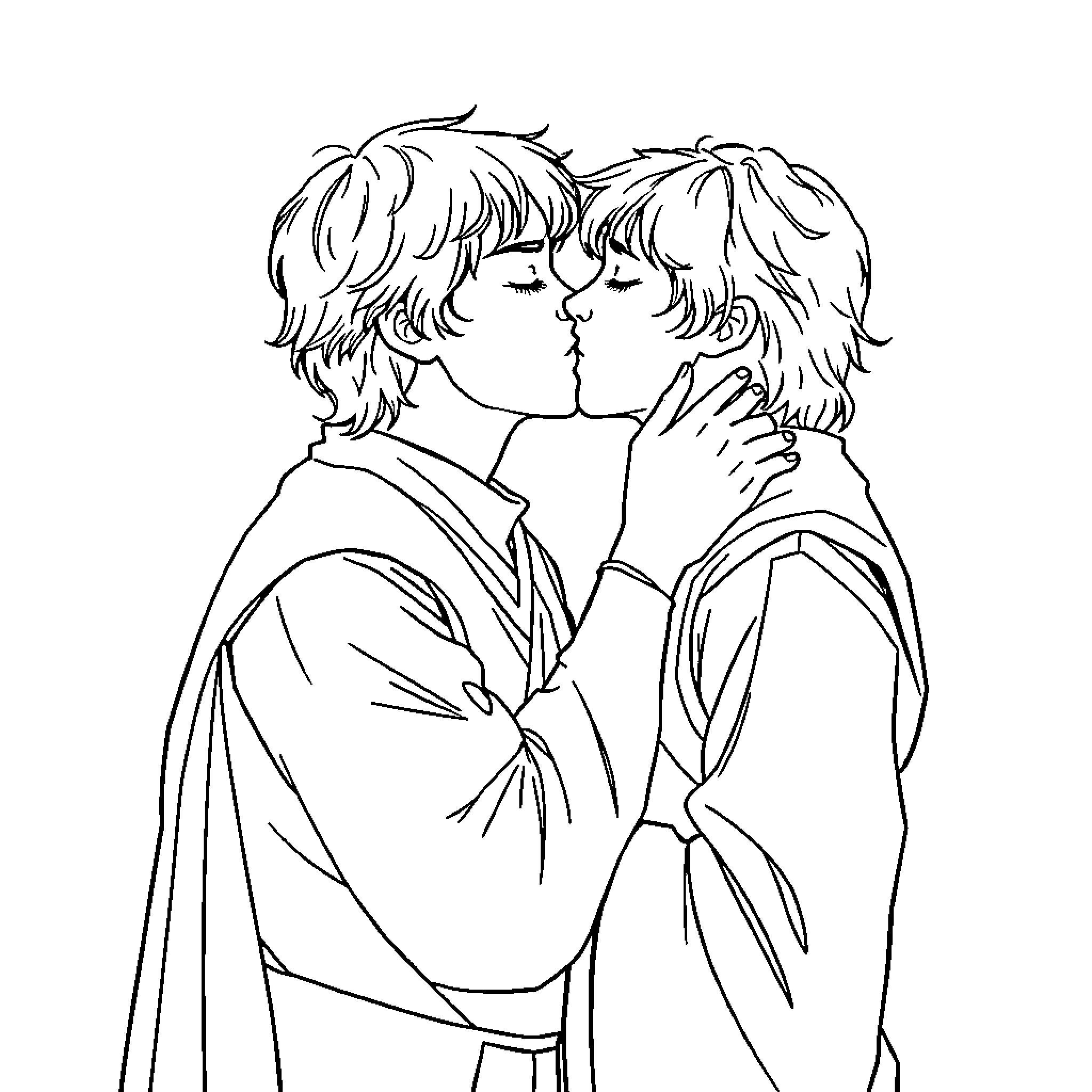 Frodo and Companion Embrace Passionately Coloring Page (free black-and-white line drawing printable PDF for all, from beginners to advanced learners, including children, teens, adults, and seniors)