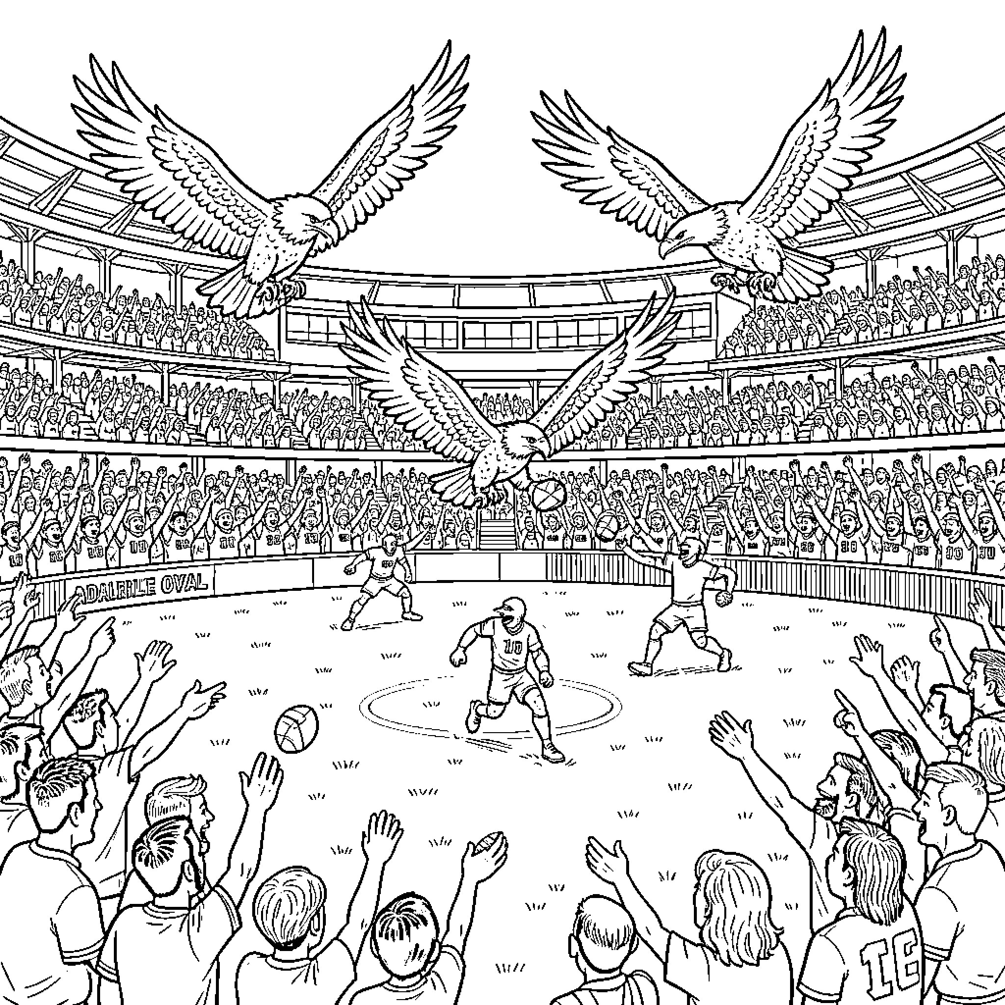 Eagle flying over a crowded sports stadium arena Coloring Page (free black-and-white line drawing printable PDF for all, from beginners to advanced learners, including children, teens, adults, and seniors)