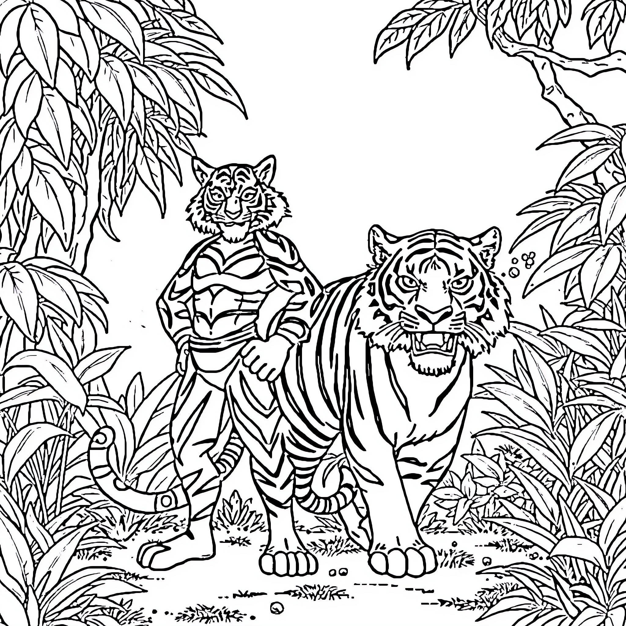 Zoro adventuring through the jungle with tigers Coloring Page (free black-and-white line drawing printable PDF for all, from beginners to advanced learners, including children, teens, adults, and seniors)