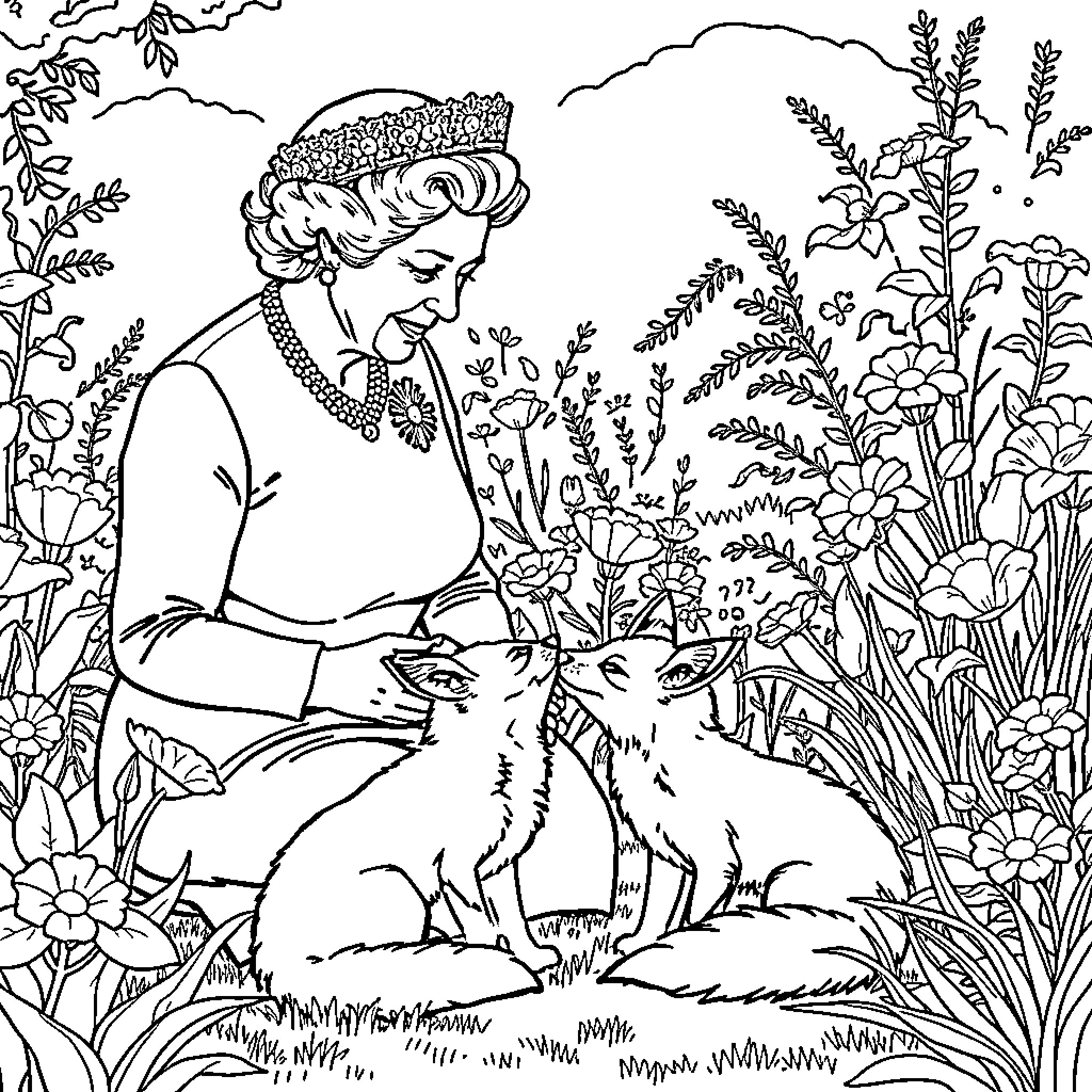 Elizabeth II admiring wildlife in a garden Coloring Page (free black-and-white line drawing printable PDF for all, from beginners to advanced learners, including children, teens, adults, and seniors)
