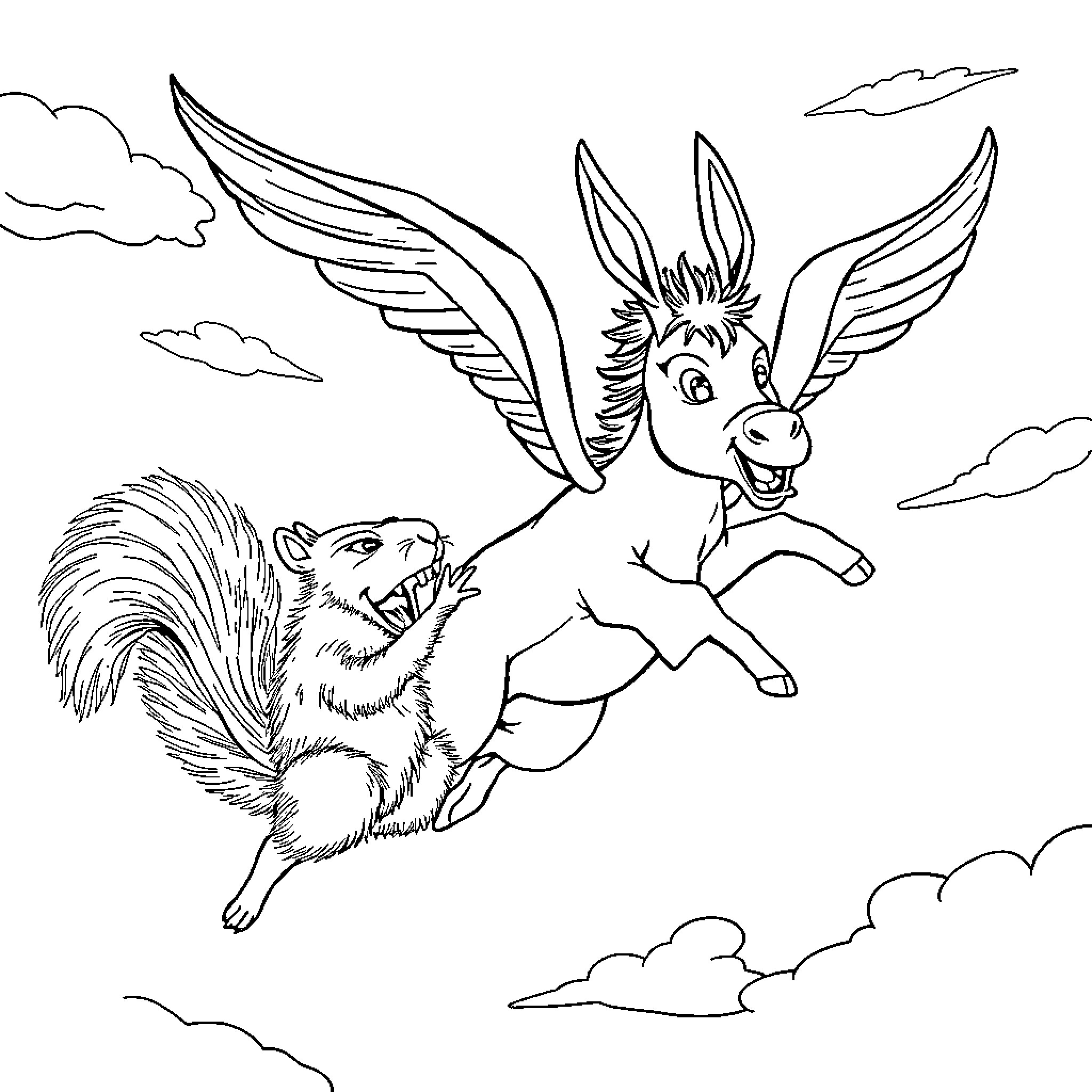 Donkey with wings flying over a squirrel Coloring Page (free black-and-white line drawing printable PDF for all, from beginners to advanced learners, including children, teens, adults, and seniors)