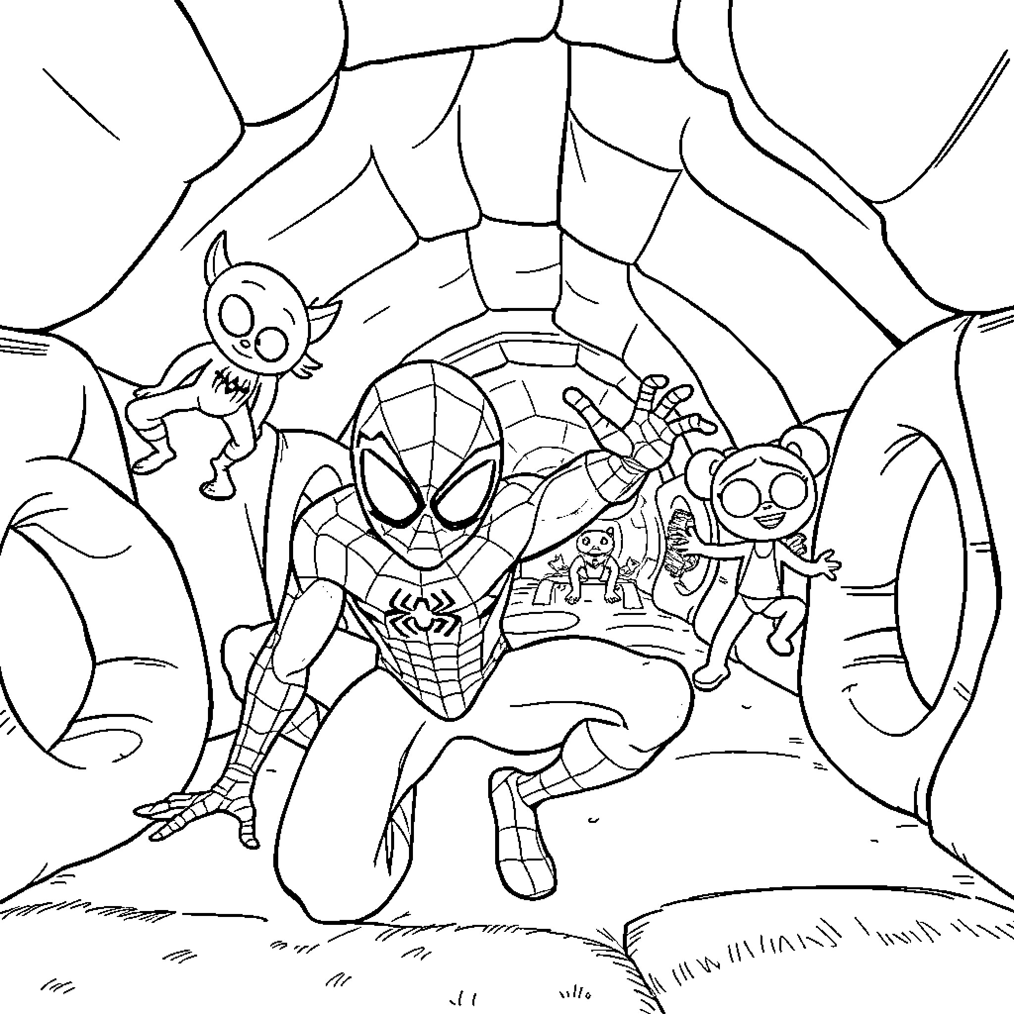 Spider-Man and friends explore spooky web-filled scene Coloring Page (free black-and-white line drawing printable PDF for all, from beginners to advanced learners, including children, teens, adults, and seniors)