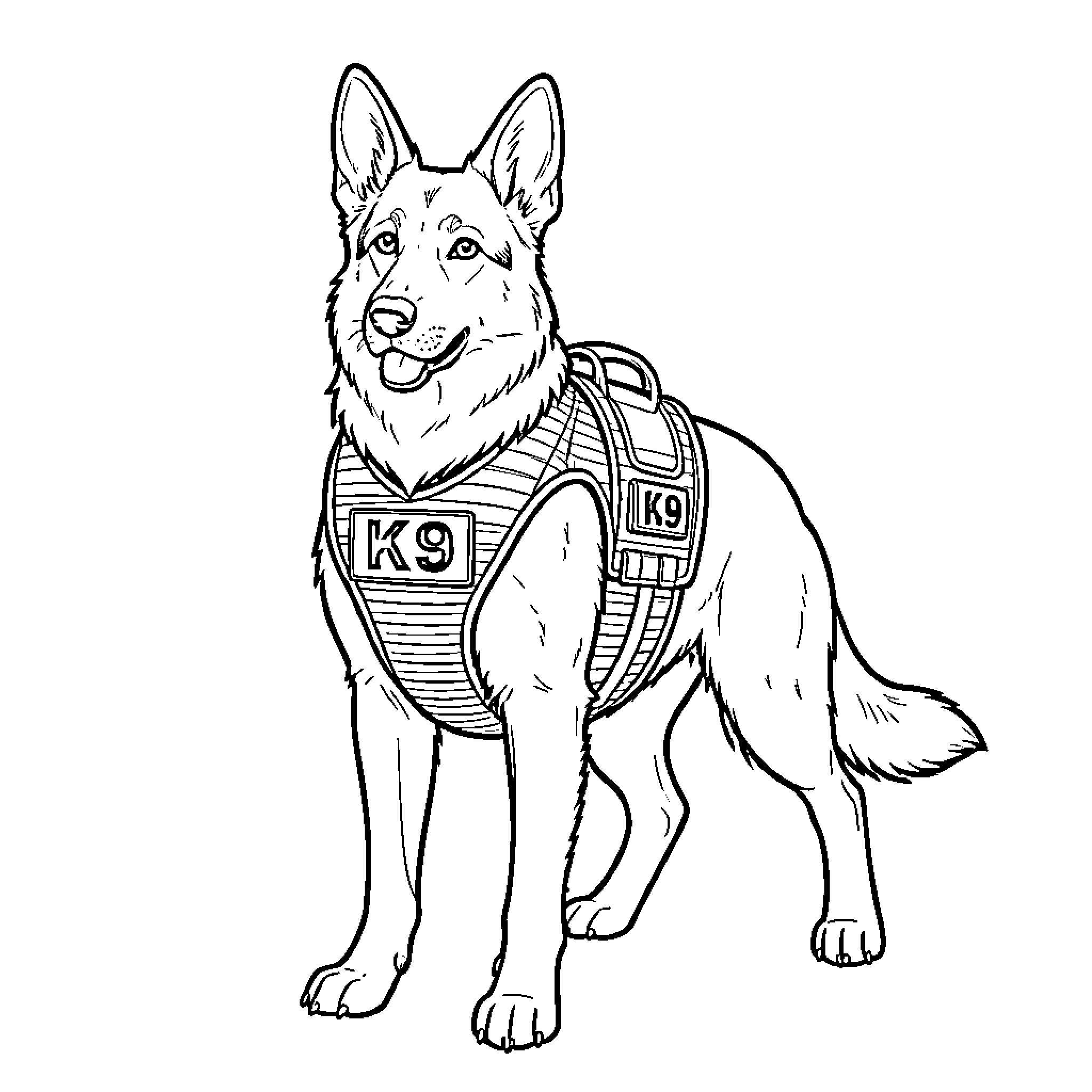 German Shepherd wearing a professional K9 working harness Coloring Page (free black-and-white line drawing printable PDF for all, from beginners to advanced learners, including children, teens, adults, and seniors)