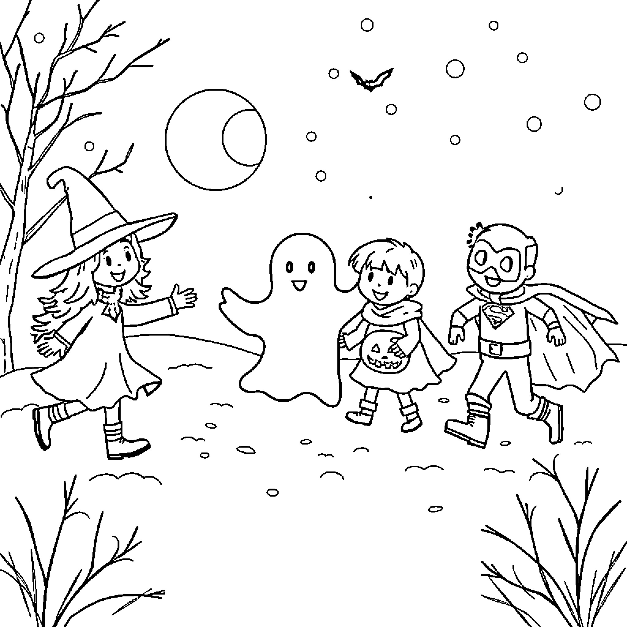 Kid Trick-or-Treating in Halloween Night Coloring Page (free black-and-white line drawing printable PDF for all, from beginners to advanced learners, including children, teens, adults, and seniors)
