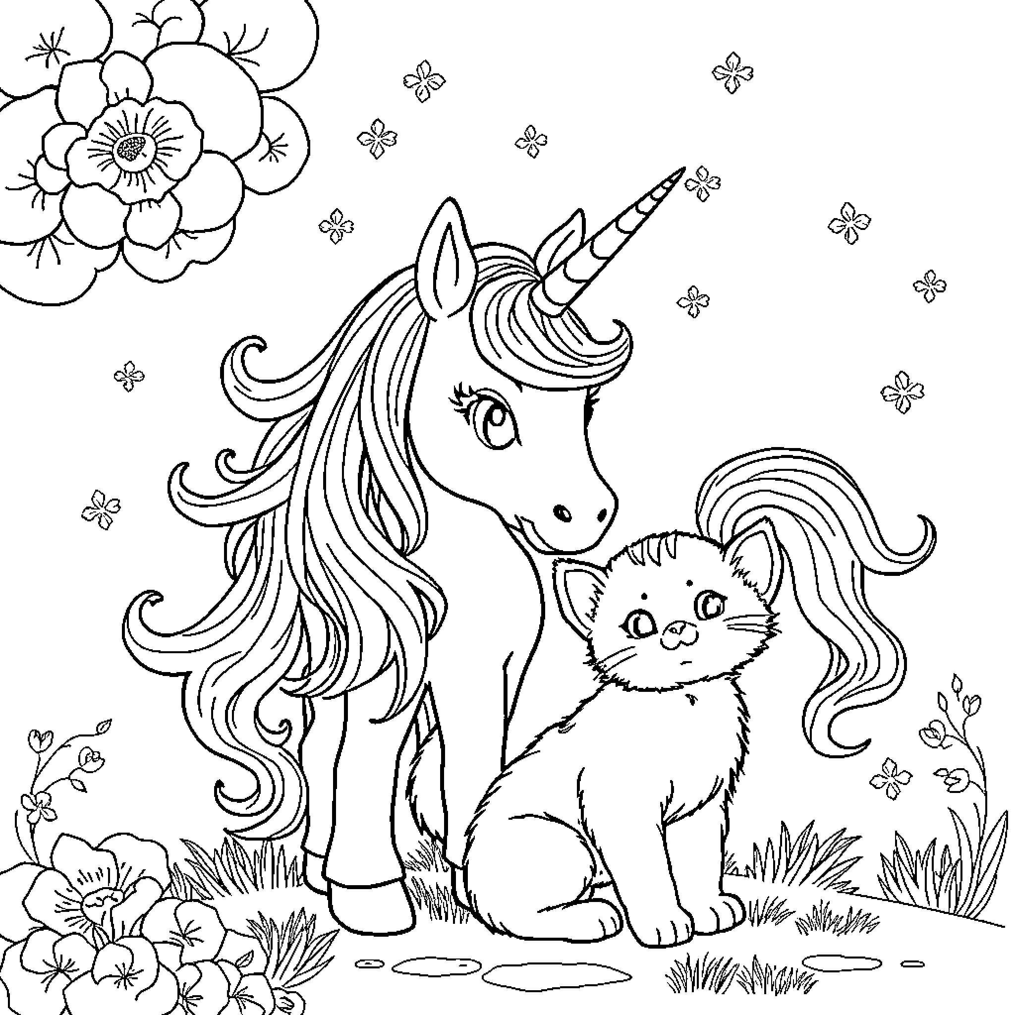 Unicorn with Fluffy Companion in Floral Meadow Coloring Page (free black-and-white line drawing printable PDF for all, from beginners to advanced learners, including children, teens, adults, and seniors)