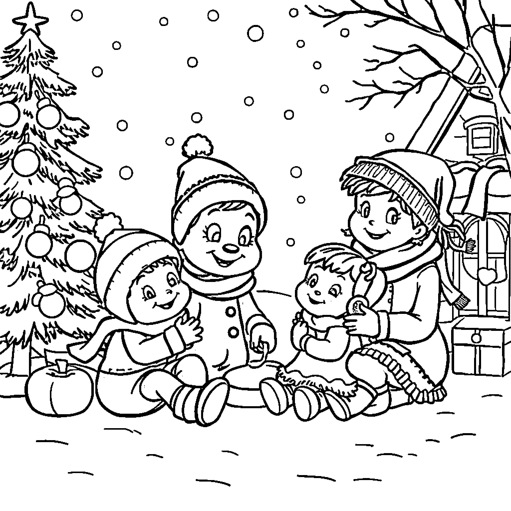 Bluey and friends enjoy a snowy winter day Coloring Page (free black-and-white line drawing printable PDF for all, from beginners to advanced learners, including children, teens, adults, and seniors)