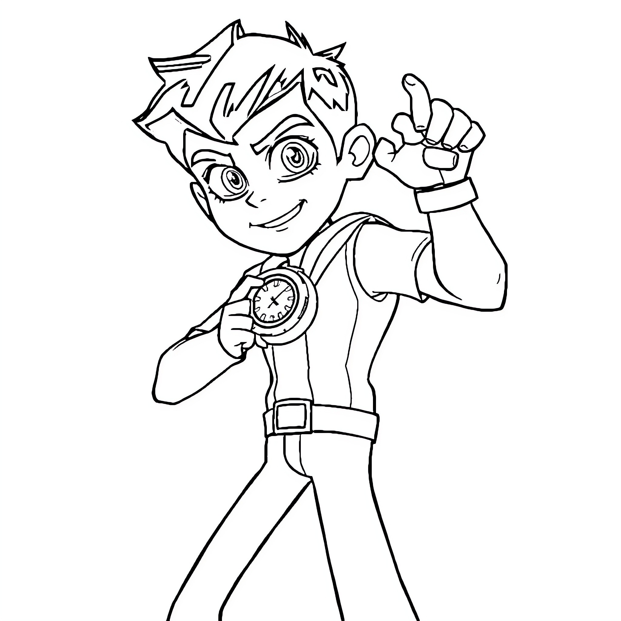 Ben 10 heroically using his watch device Coloring Page (free black-and-white line drawing printable PDF for all, from beginners to advanced learners, including children, teens, adults, and seniors)