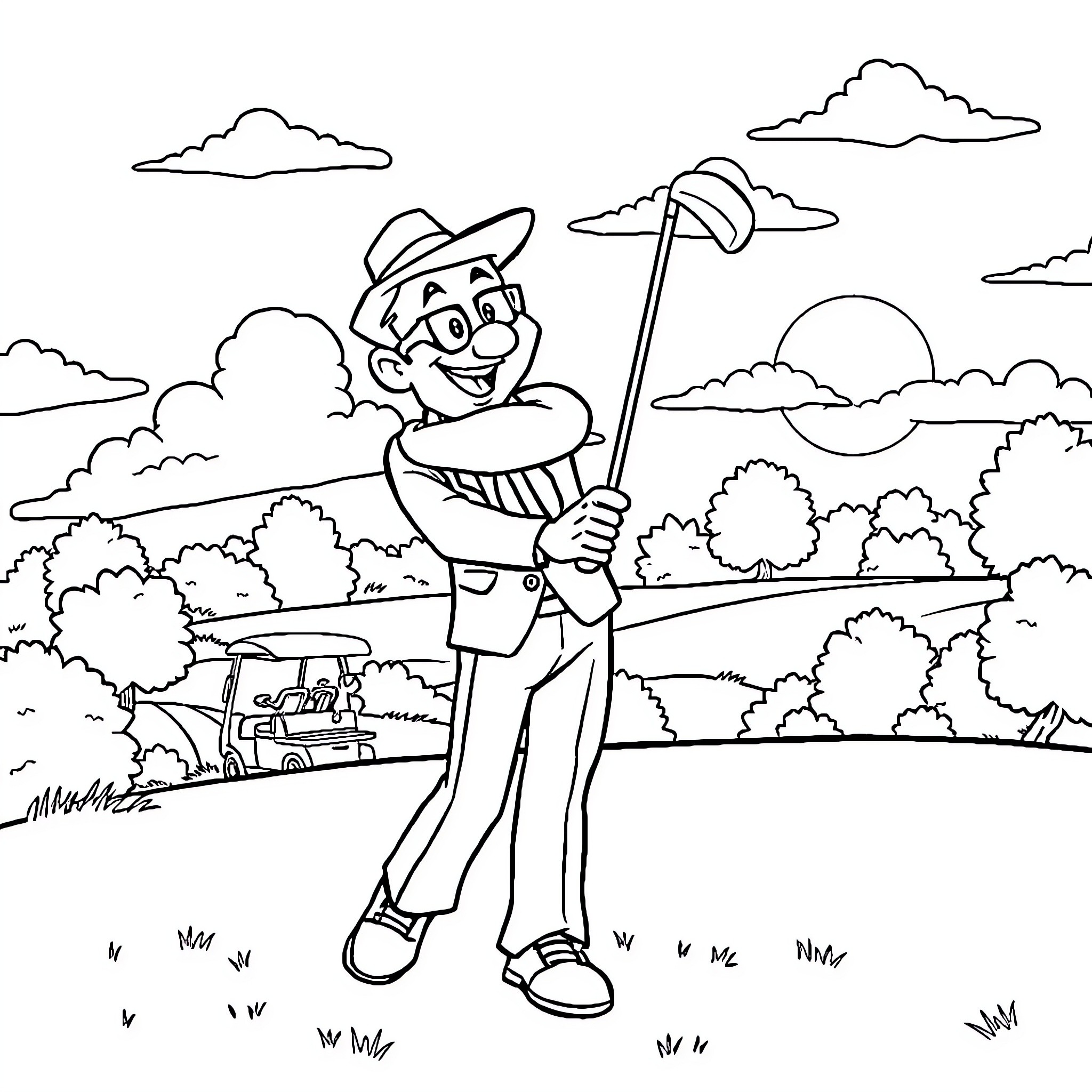 Inspector Gadget Explores the Outdoors with Enthusiasm Coloring Page (free black-and-white line drawing printable PDF for all, from beginners to advanced learners, including children, teens, adults, and seniors)