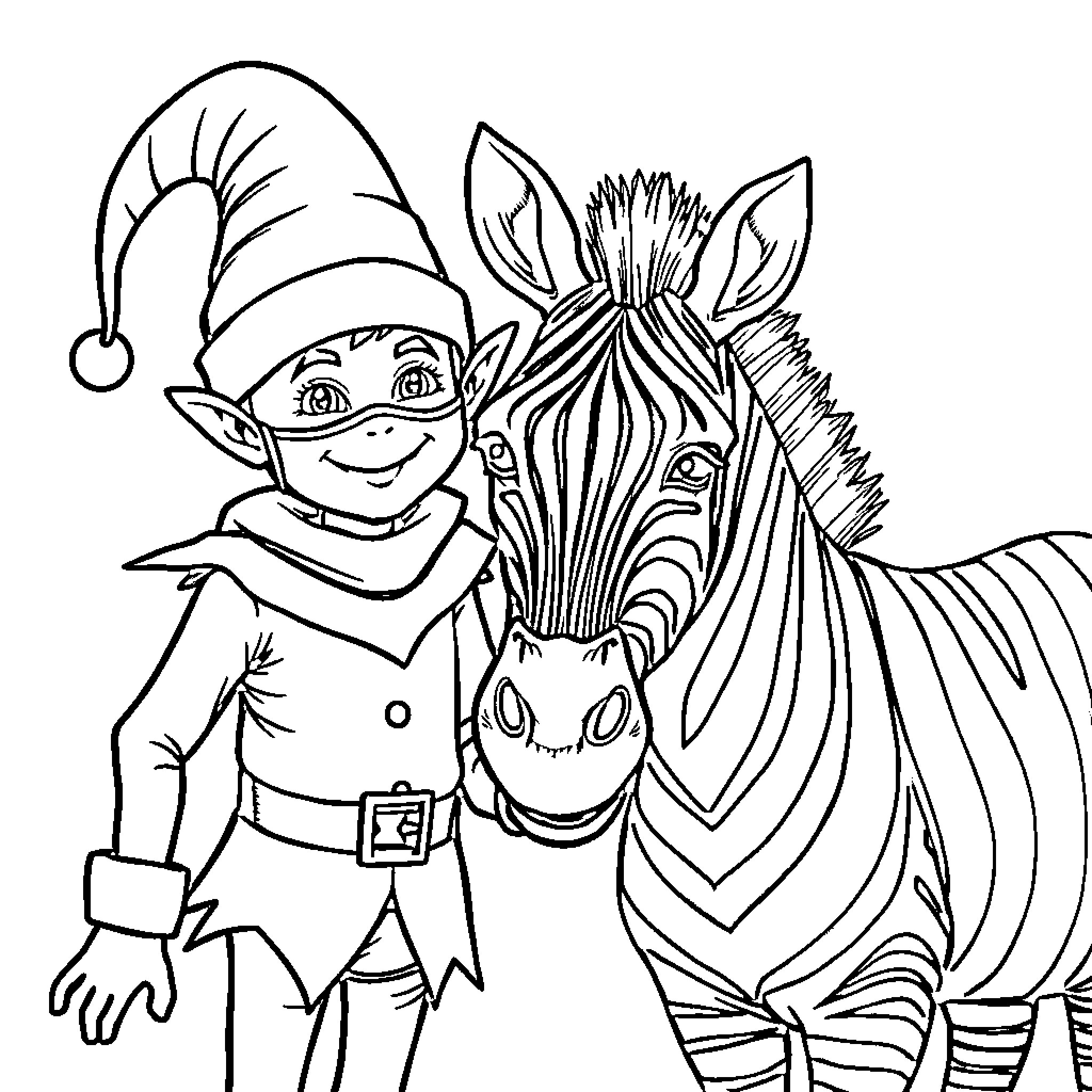 Elf riding a zebra in the forest Coloring Page (free black-and-white line drawing printable PDF for all, from beginners to advanced learners, including children, teens, adults, and seniors)