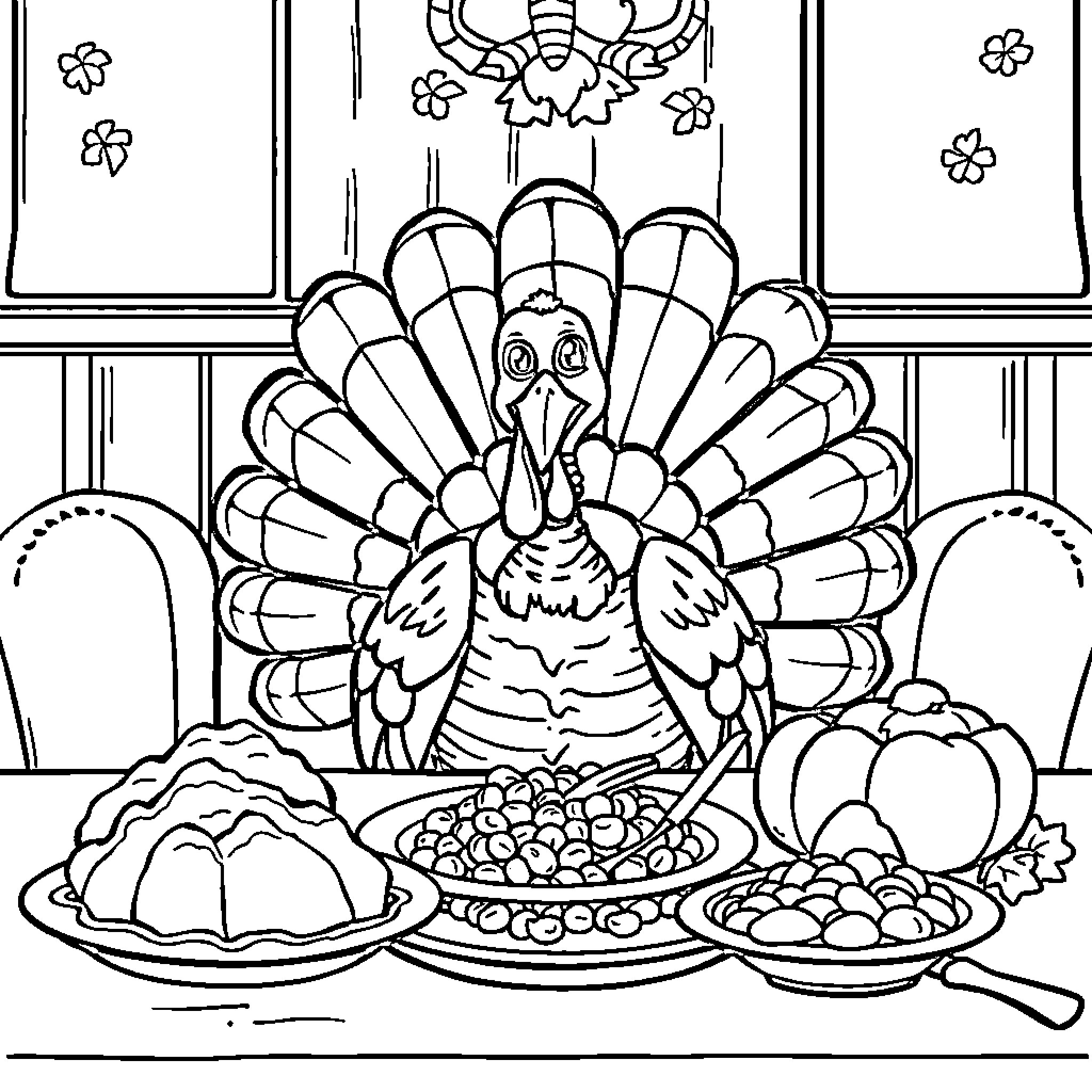 Turkey celebrating Thanksgiving with traditional dishes Coloring Page (free black-and-white line drawing printable PDF for all, from beginners to advanced learners, including children, teens, adults, and seniors)