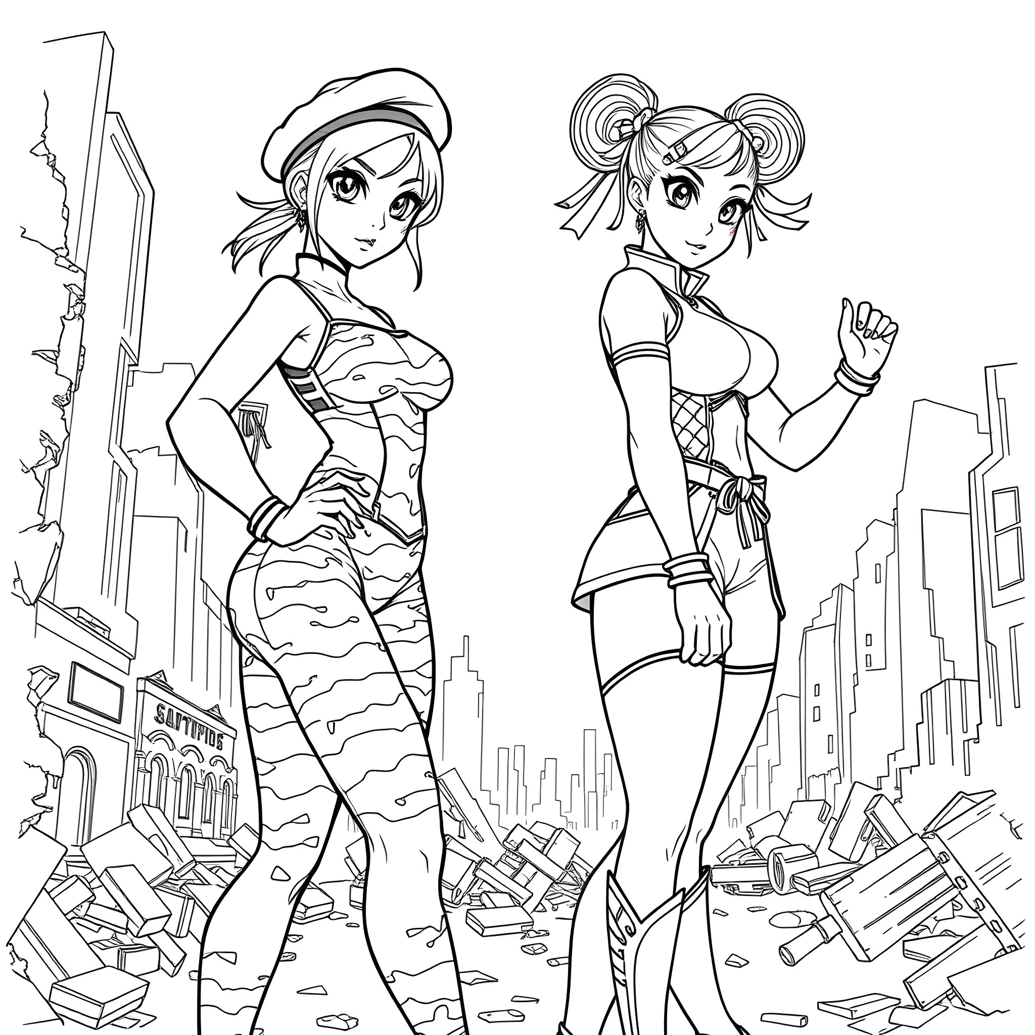Street Fighter Heroines in Urban Battleground Coloring Page (free black-and-white line drawing printable PDF for all, from beginners to advanced learners, including children, teens, adults, and seniors)