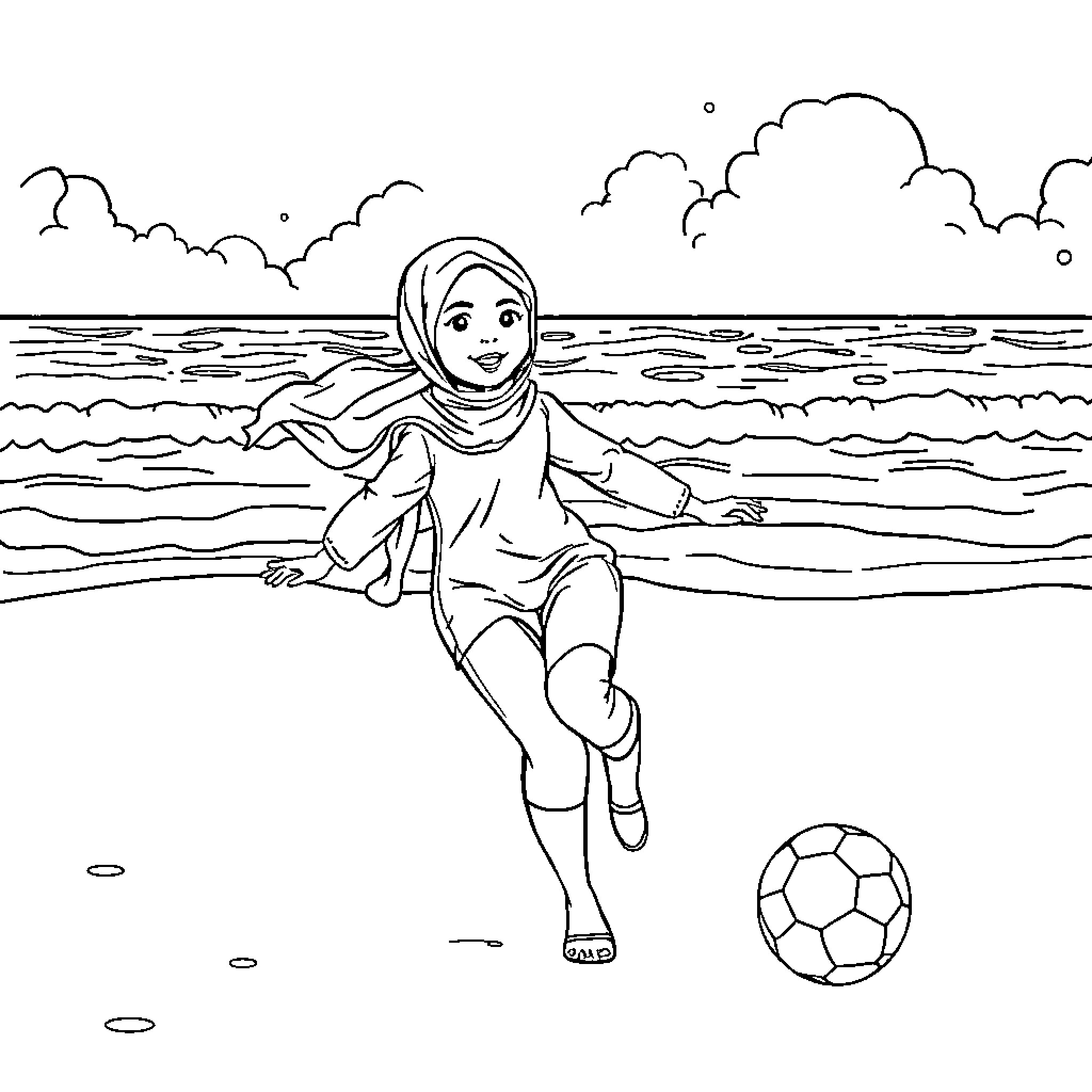 Girl playing joyfully with soccer ball at the beach Coloring Page (free black-and-white line drawing printable PDF for all, from beginners to advanced learners, including children, teens, adults, and seniors)