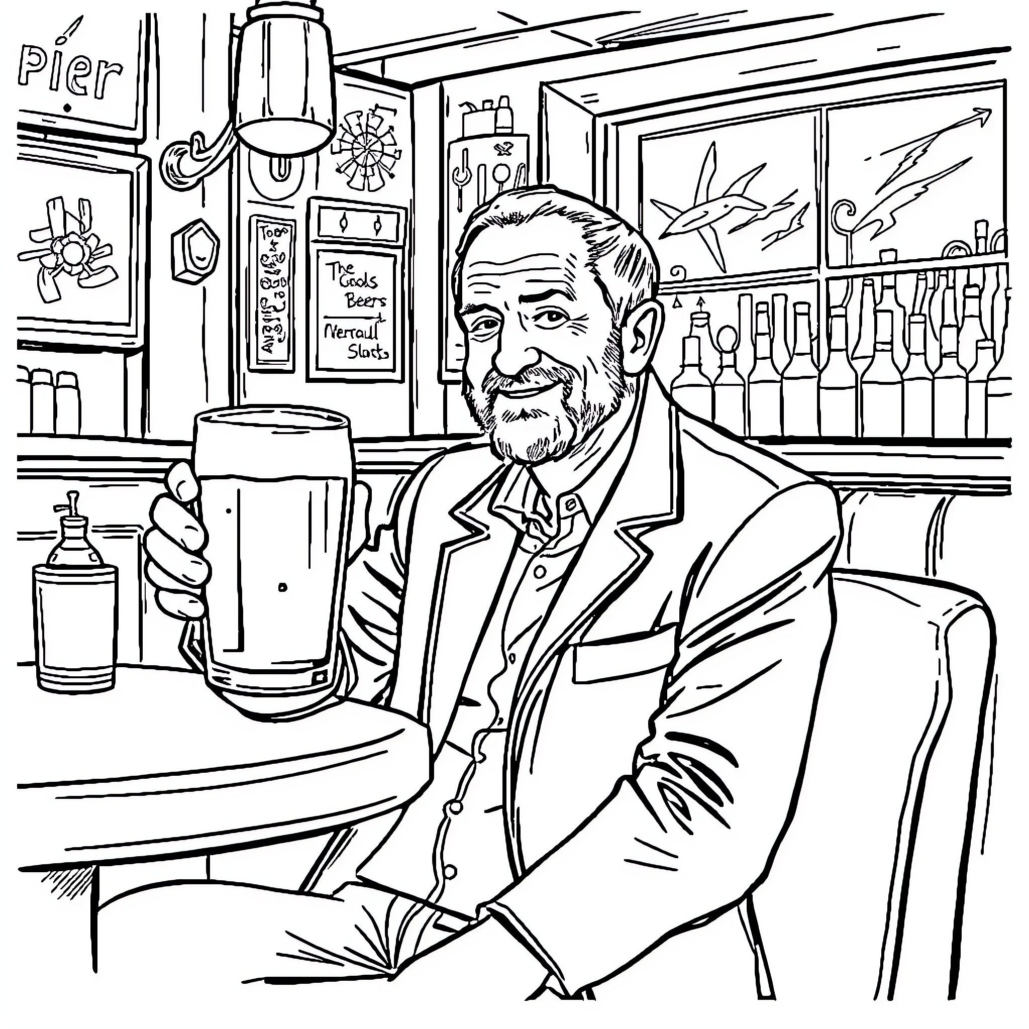 Jeremy Corbyn enjoying a pint at the pub Coloring Page (free black-and-white line drawing printable PDF for all, from beginners to advanced learners, including children, teens, adults, and seniors)