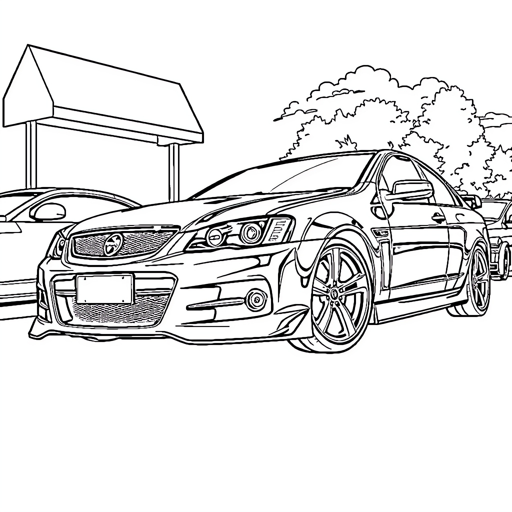 Holden sports car at a gas station Coloring Page (free black-and-white line drawing printable PDF for all, from beginners to advanced learners, including children, teens, adults, and seniors)