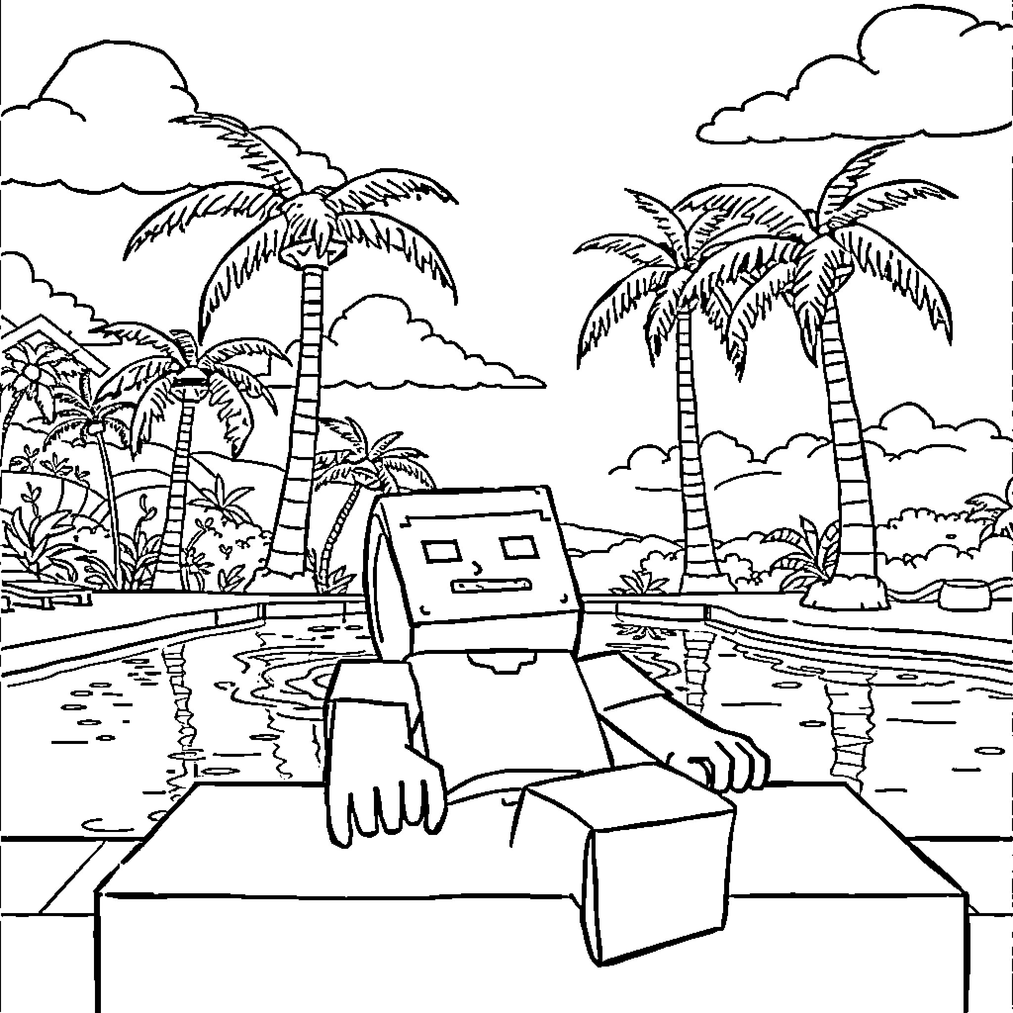 Steve relaxing on a tropical beach Coloring Page (free black-and-white line drawing printable PDF for all, from beginners to advanced learners, including children, teens, adults, and seniors)