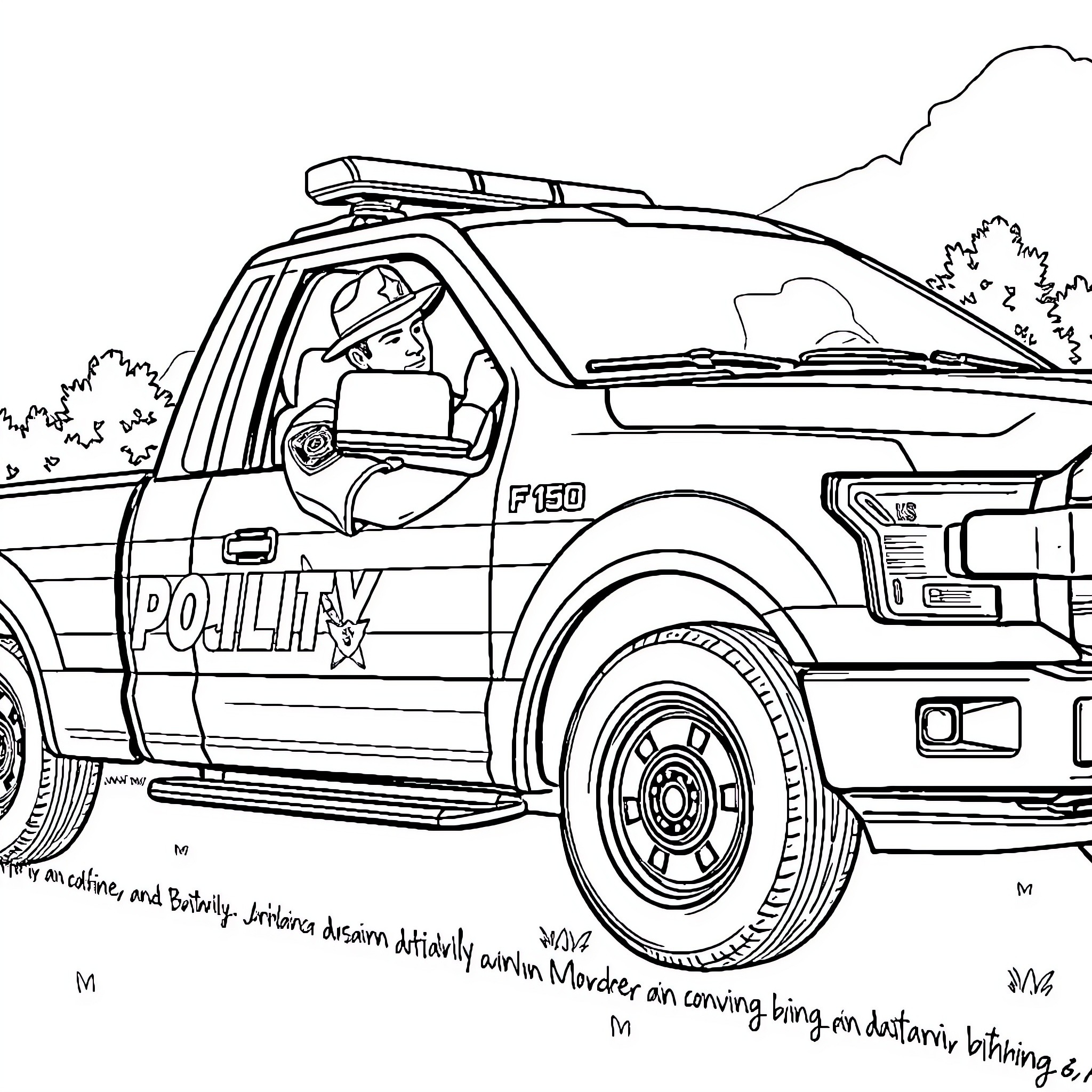 Deputy operating police vehicle in the field Coloring Page (free black-and-white line drawing printable PDF for all, from beginners to advanced learners, including children, teens, adults, and seniors)