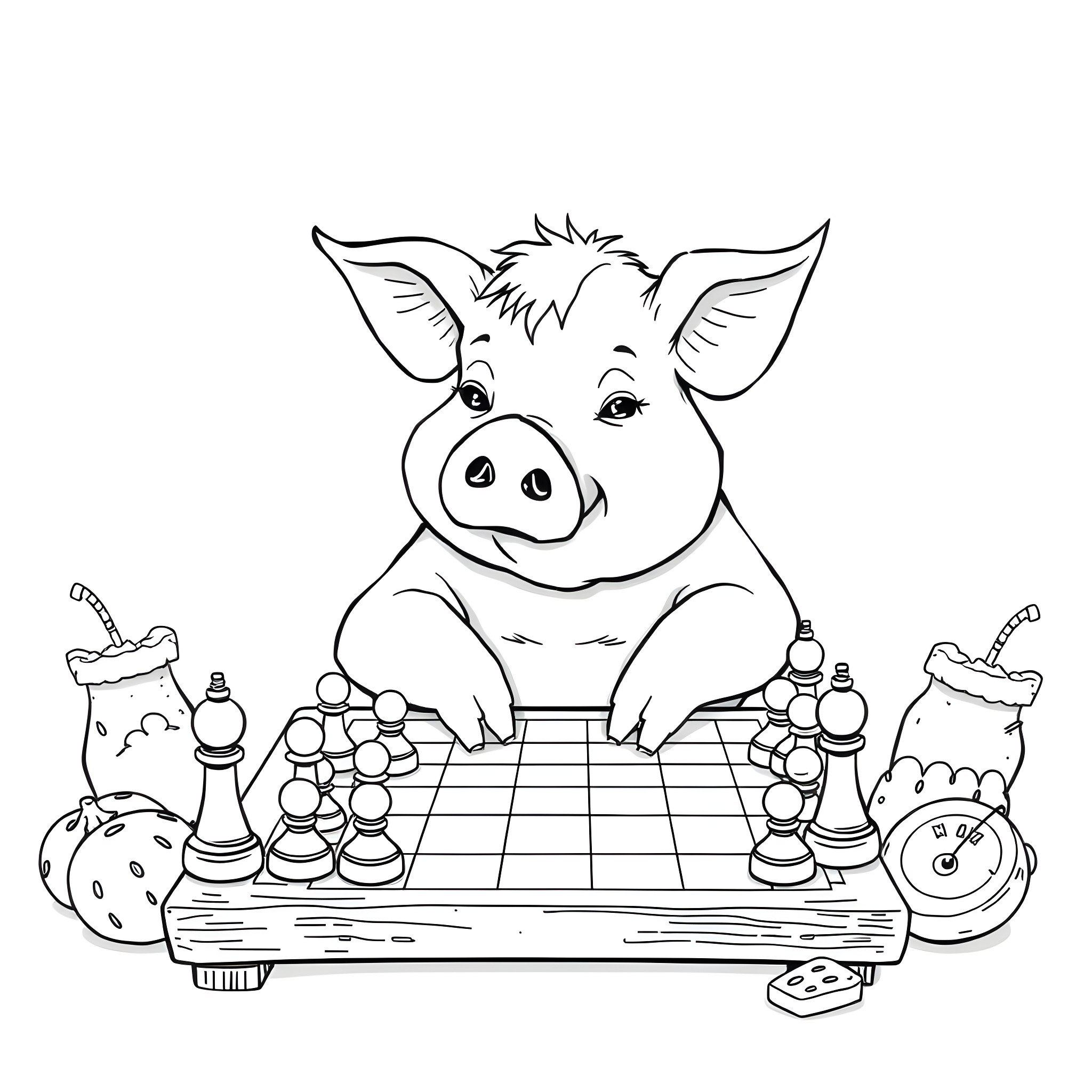 Pig playing chess on a chessboard Coloring Page (free black-and-white line drawing printable PDF for all, from beginners to advanced learners, including children, teens, adults, and seniors)
