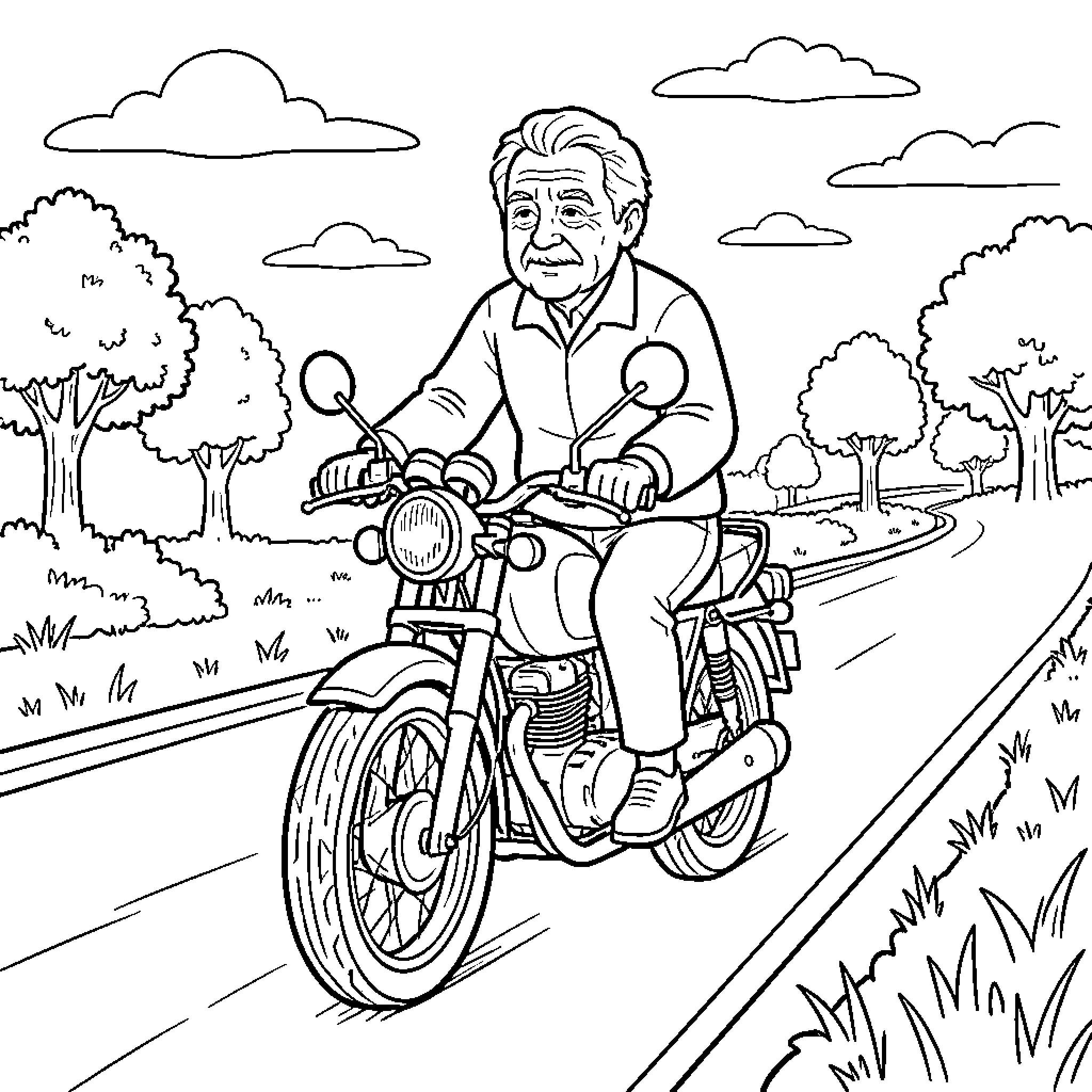 Motorbike ridden by a smiling elderly man on a road Coloring Page (free black-and-white line drawing printable PDF for all, from beginners to advanced learners, including children, teens, adults, and seniors)