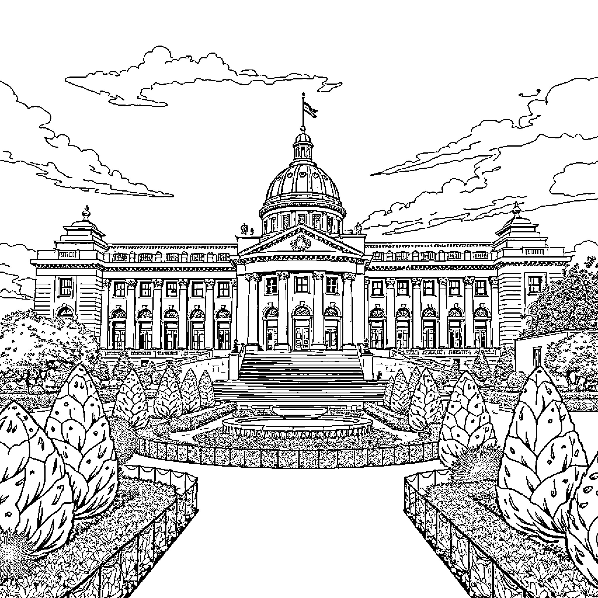 Union Building with grand architecture and ornate details Coloring Page (free black-and-white line drawing printable PDF for all, from beginners to advanced learners, including children, teens, adults, and seniors)