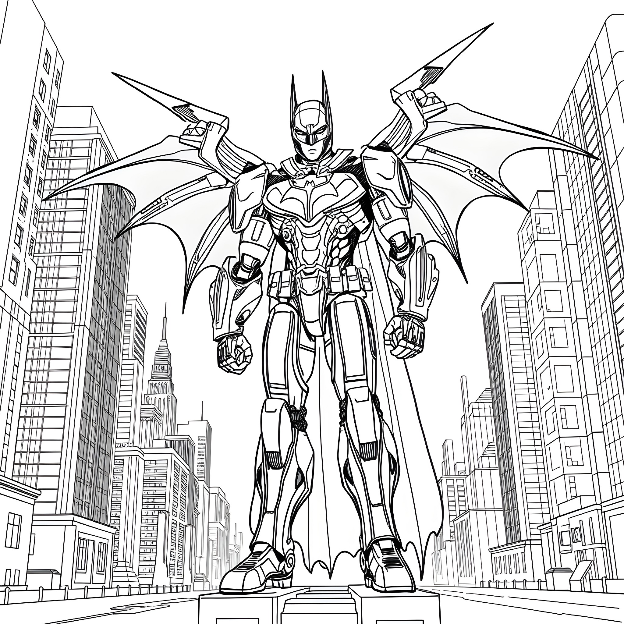 Mecha Batman heroically stands tall in the city Coloring Page (free black-and-white line drawing printable PDF for all, from beginners to advanced learners, including children, teens, adults, and seniors)