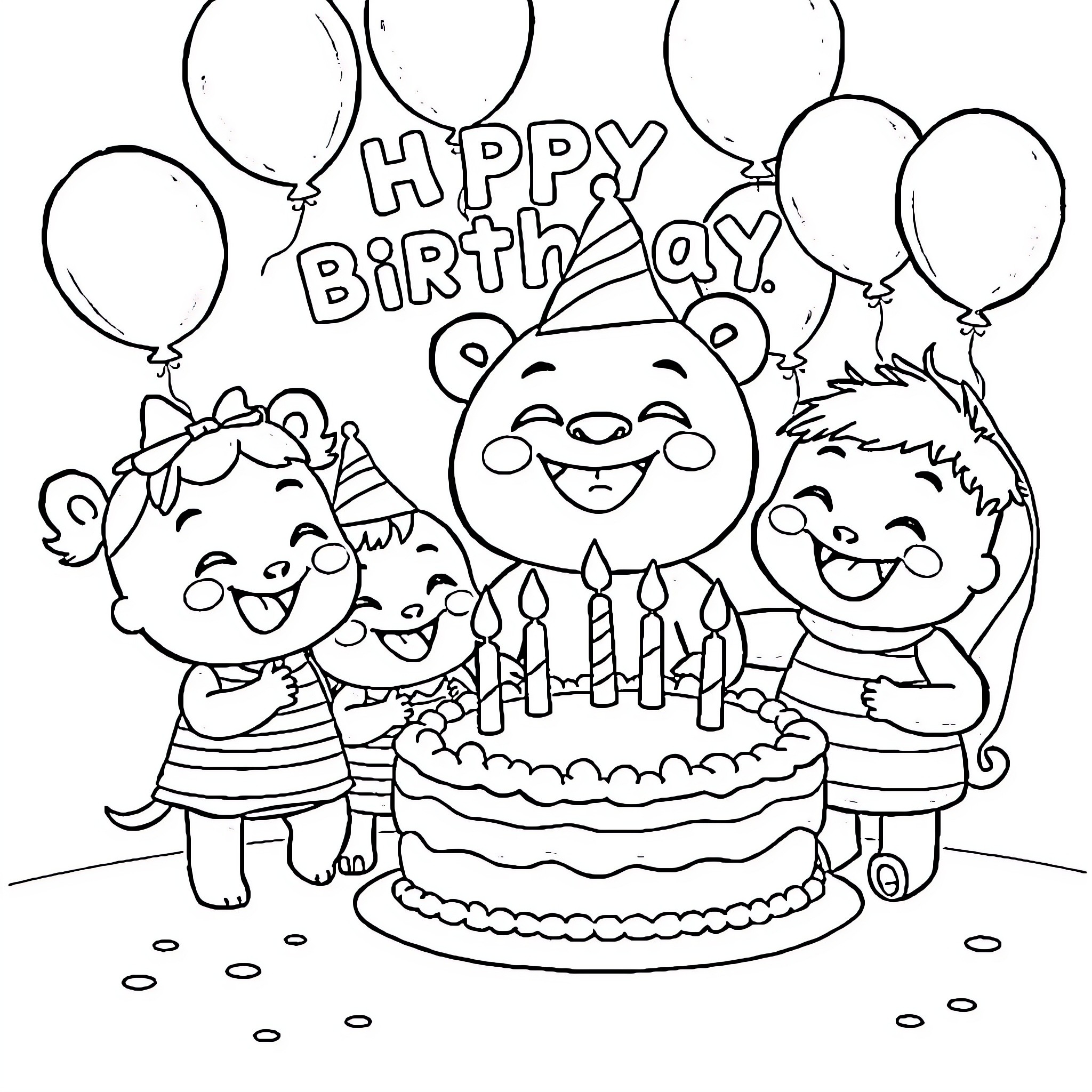 Labubu celebrates a happy birthday with friends Coloring Page (free black-and-white line drawing printable PDF for all, from beginners to advanced learners, including children, teens, adults, and seniors)