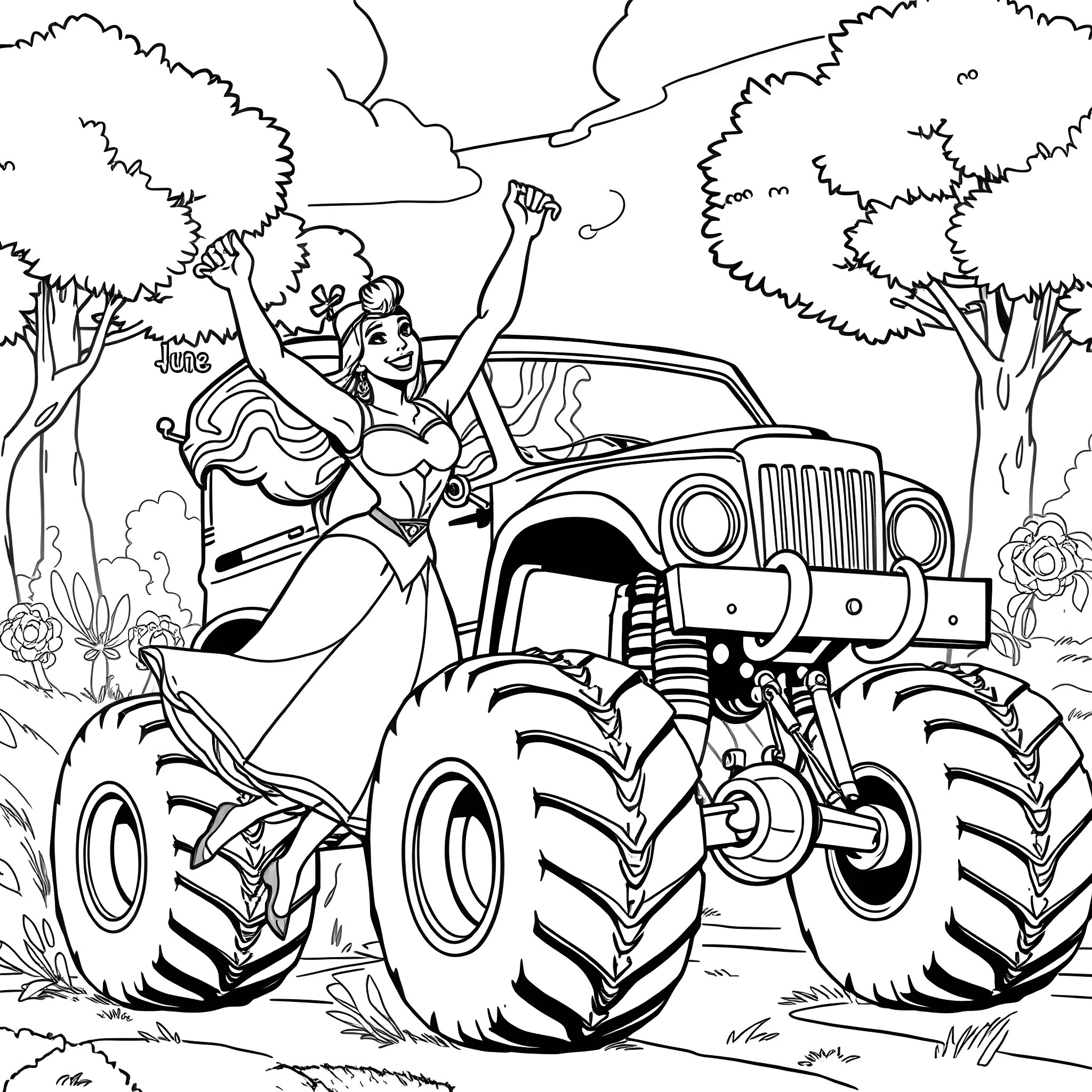 He-Man riding a monster truck through the forest Coloring Page (free black-and-white line drawing printable PDF for all, from beginners to advanced learners, including children, teens, adults, and seniors)