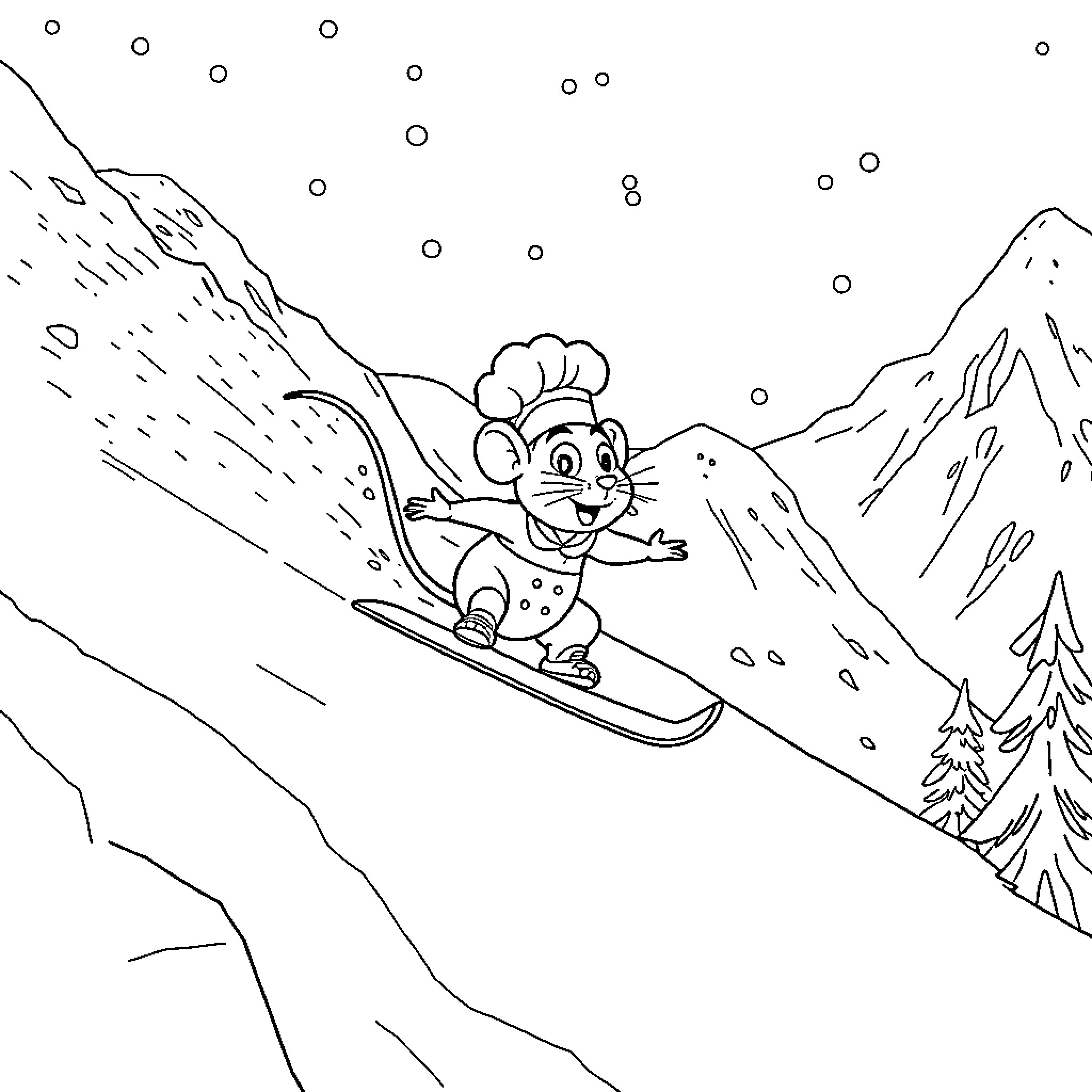 Ratatouille's Snowy Mountain Downhill Ride Coloring Page (free black-and-white line drawing printable PDF for all, from beginners to advanced learners, including children, teens, adults, and seniors)