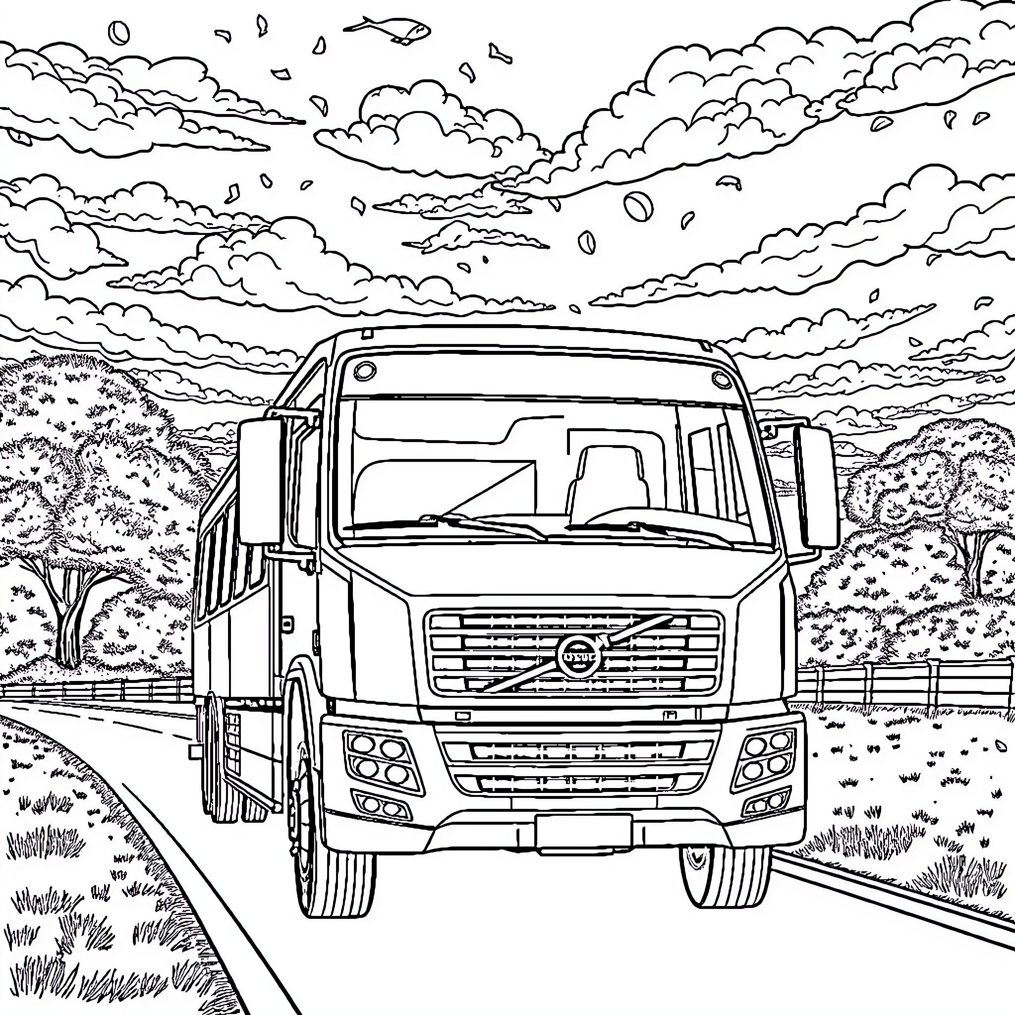 Bus driving on a winding mountain road Coloring Page (free black-and-white line drawing printable PDF for all, from beginners to advanced learners, including children, teens, adults, and seniors)