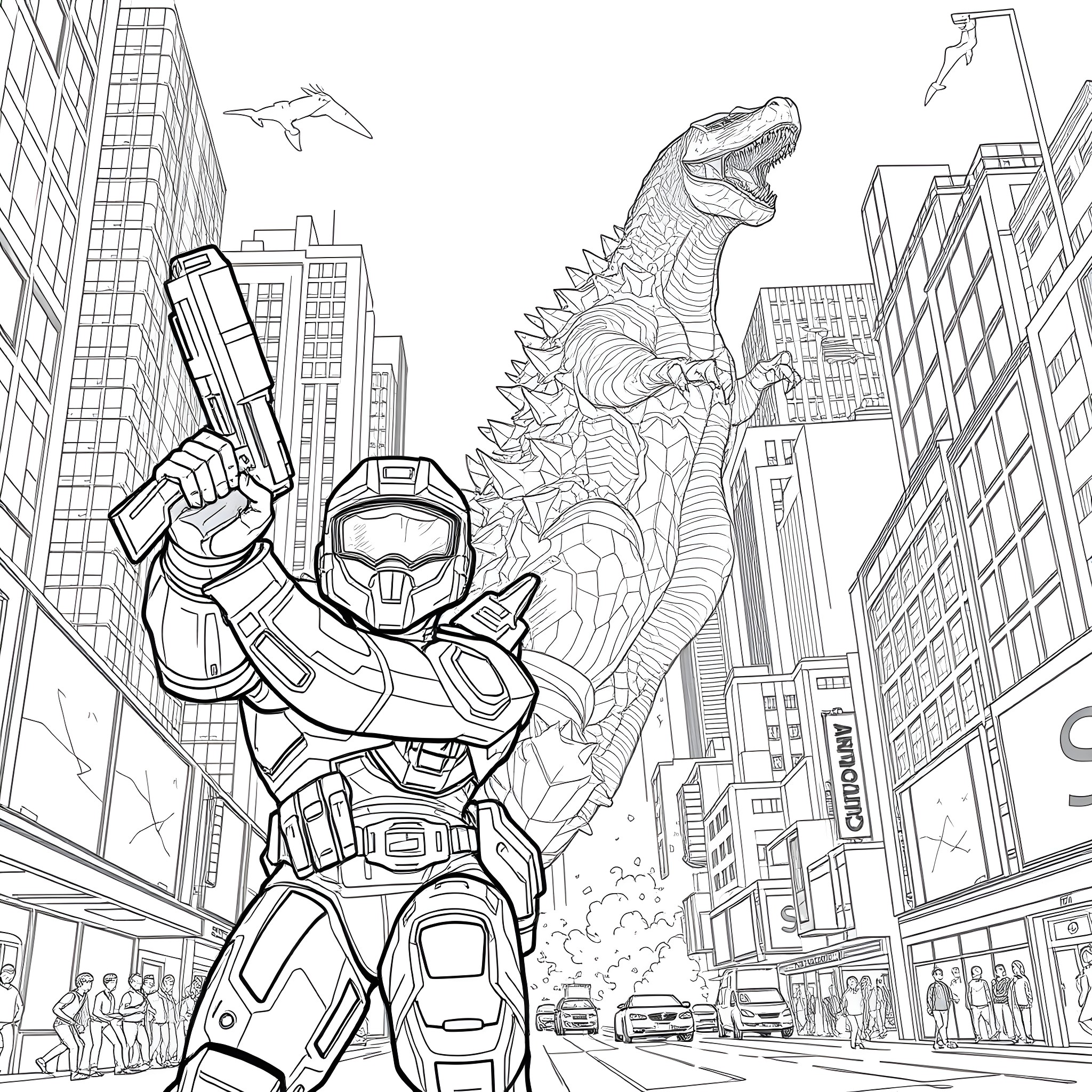 Master Chief battles a giant monstrous creature in the city Coloring Page (free black-and-white line drawing printable PDF for all, from beginners to advanced learners, including children, teens, adults, and seniors)