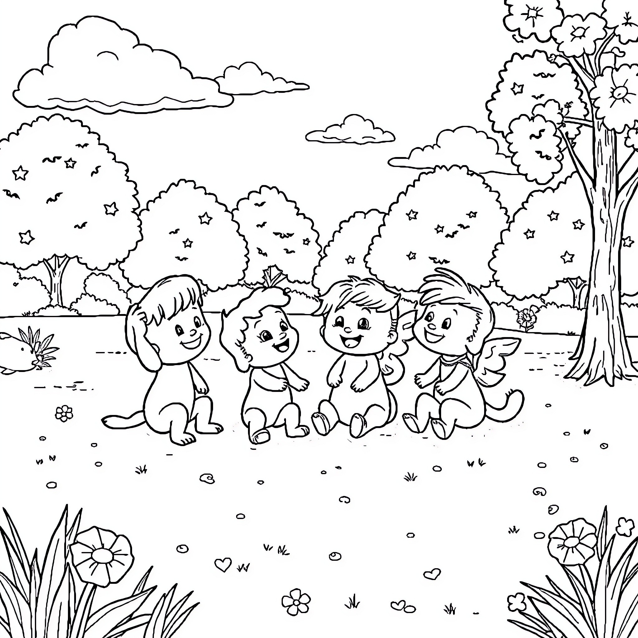 Friend's Playful Outing in Nature's Embrace Coloring Page (free black-and-white line drawing printable PDF for all, from beginners to advanced learners, including children, teens, adults, and seniors)