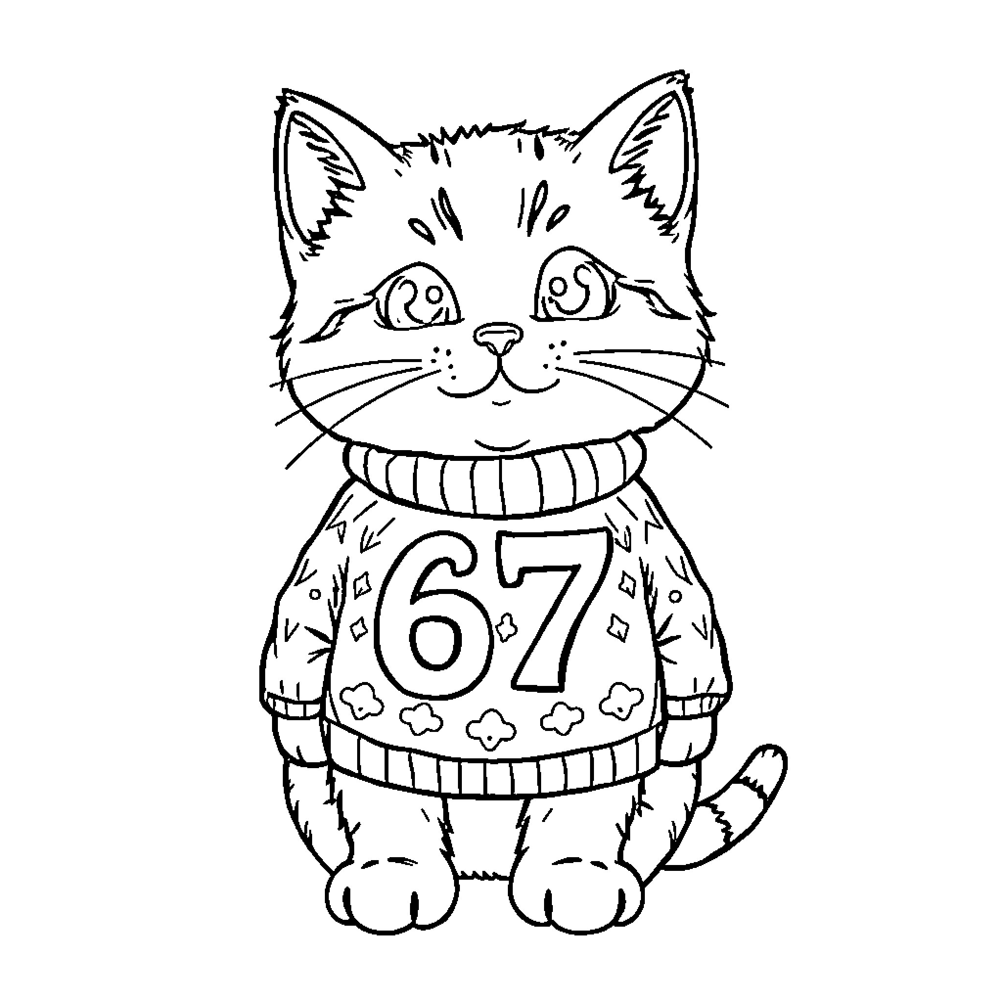 Cat wearing sweater with number Coloring Page (free black-and-white line drawing printable PDF for all, from beginners to advanced learners, including children, teens, adults, and seniors)