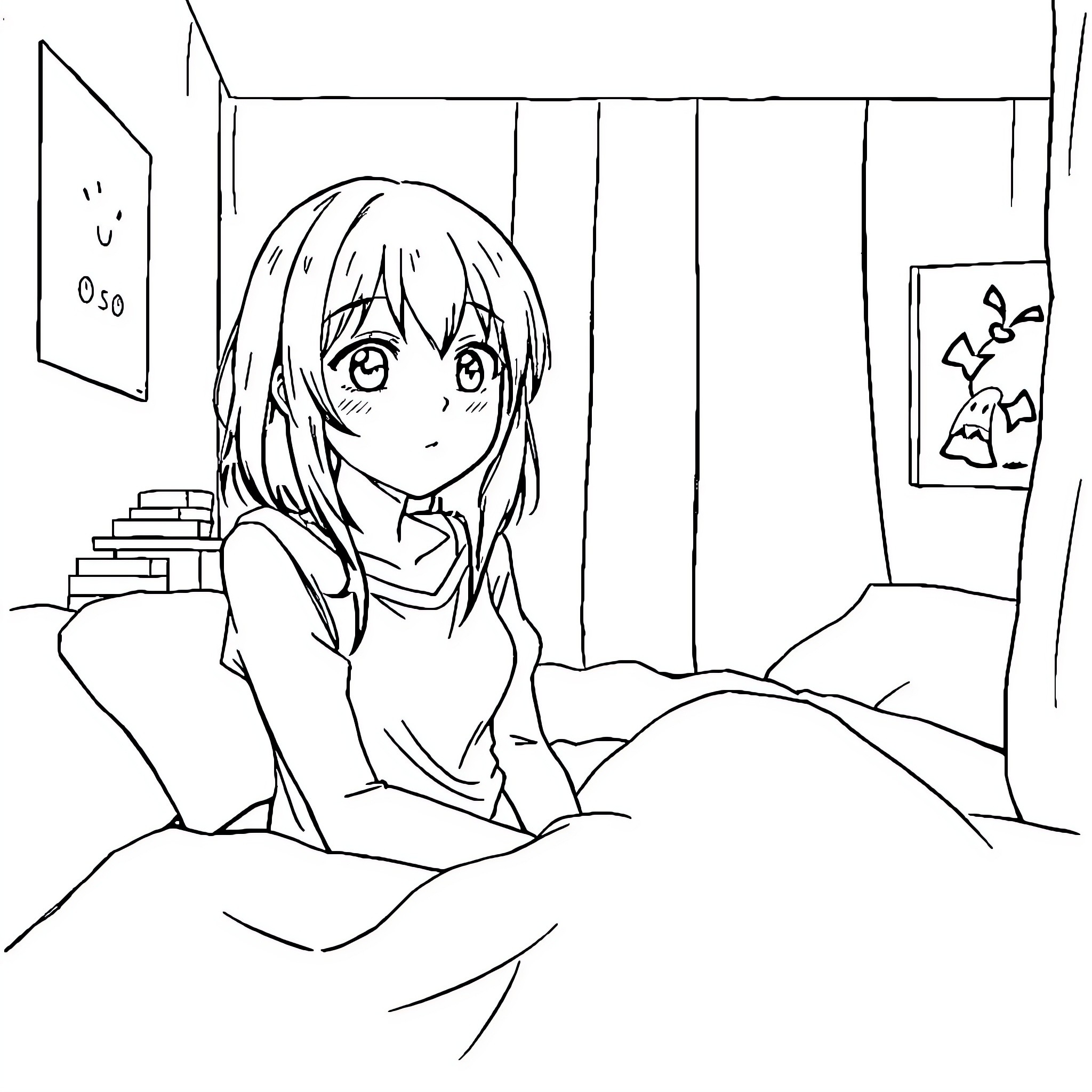 Mikasa in a pensive bedroom scene Coloring Page (free black-and-white line drawing printable PDF for all, from beginners to advanced learners, including children, teens, adults, and seniors)