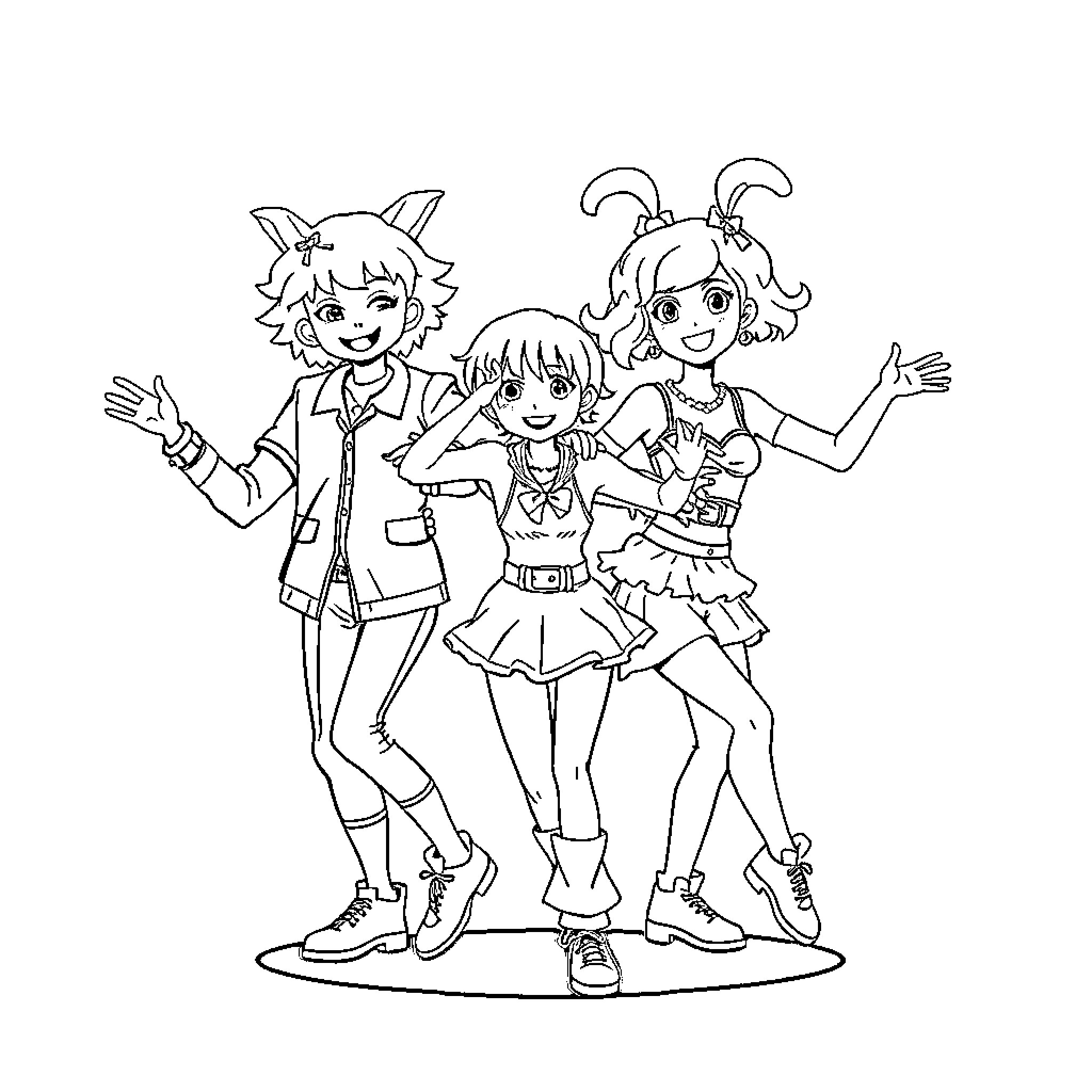 Kpop Idol Group Members Striking Poses Coloring Page (free black-and-white line drawing printable PDF for all, from beginners to advanced learners, including children, teens, adults, and seniors)