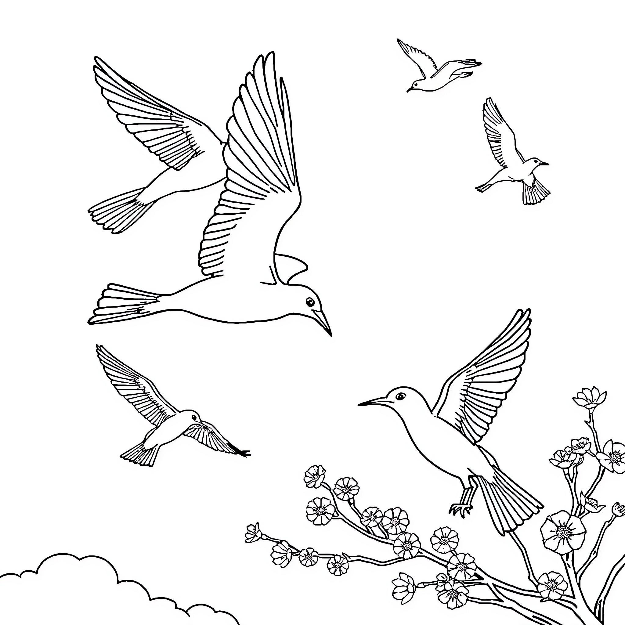 Birds soaring gracefully in scenic landscape Coloring Page (free black-and-white line drawing printable PDF for all, from beginners to advanced learners, including children, teens, adults, and seniors)