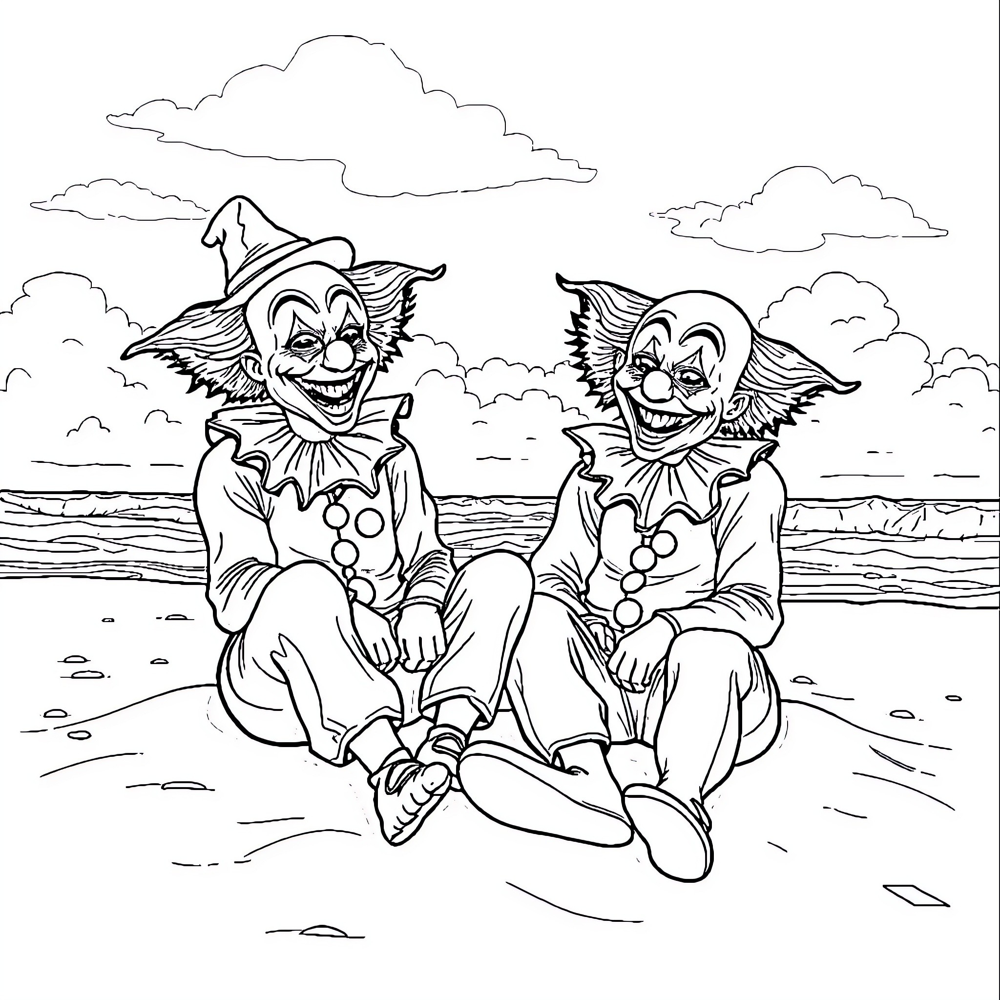 Clowns laughing joyfully by the sea Coloring Page (free black-and-white line drawing printable PDF for all, from beginners to advanced learners, including children, teens, adults, and seniors)