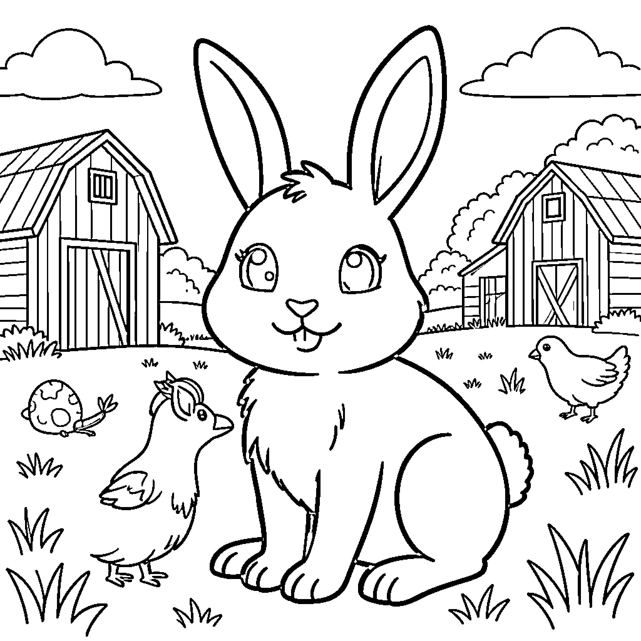 Rabbit sitting in a farm scene with chickens Coloring Page (free black-and-white line drawing printable PDF for all, from beginners to advanced learners, including children, teens, adults, and seniors)