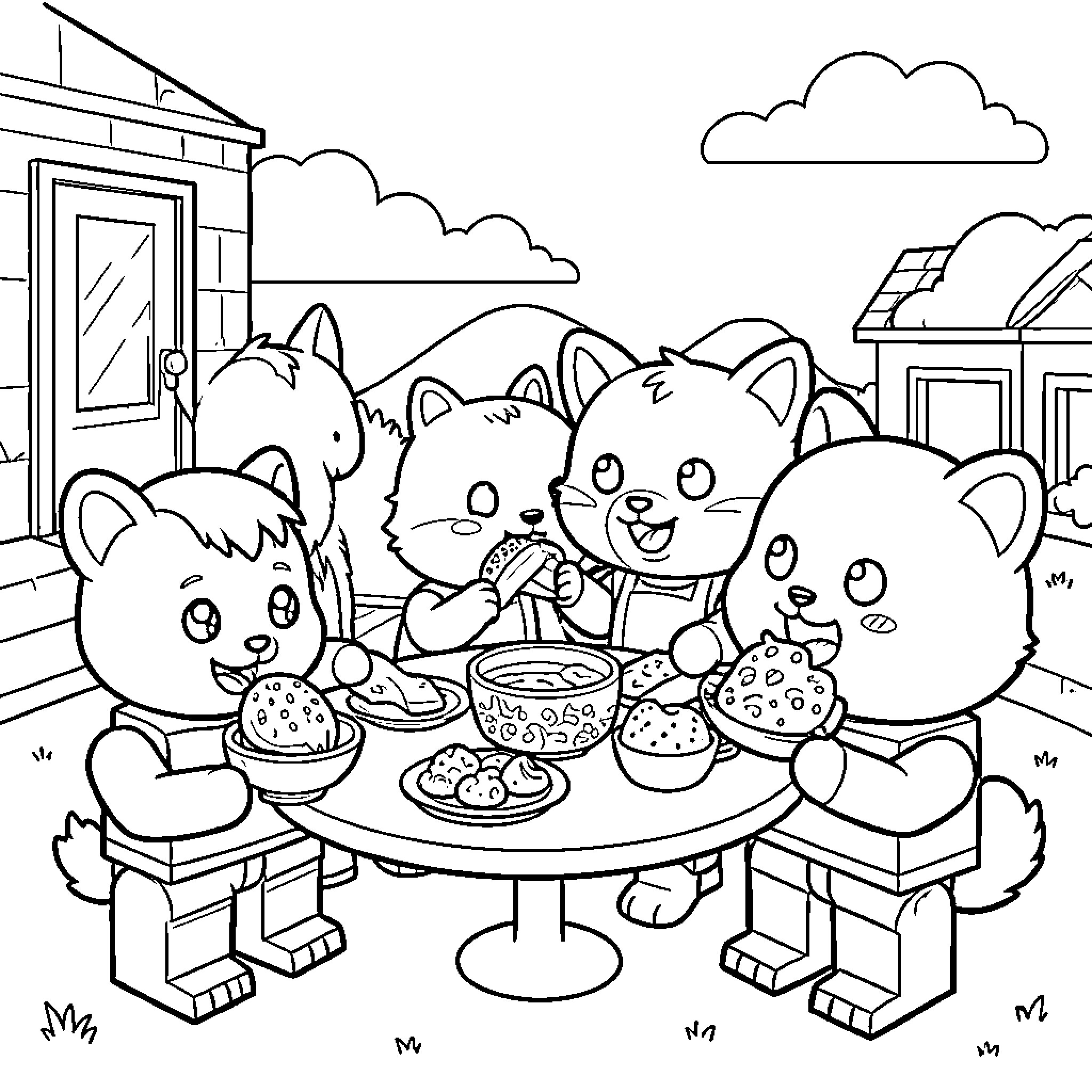 Animal Kittens Enjoying a Meal Together Coloring Page (free black-and-white line drawing printable PDF for all, from beginners to advanced learners, including children, teens, adults, and seniors)