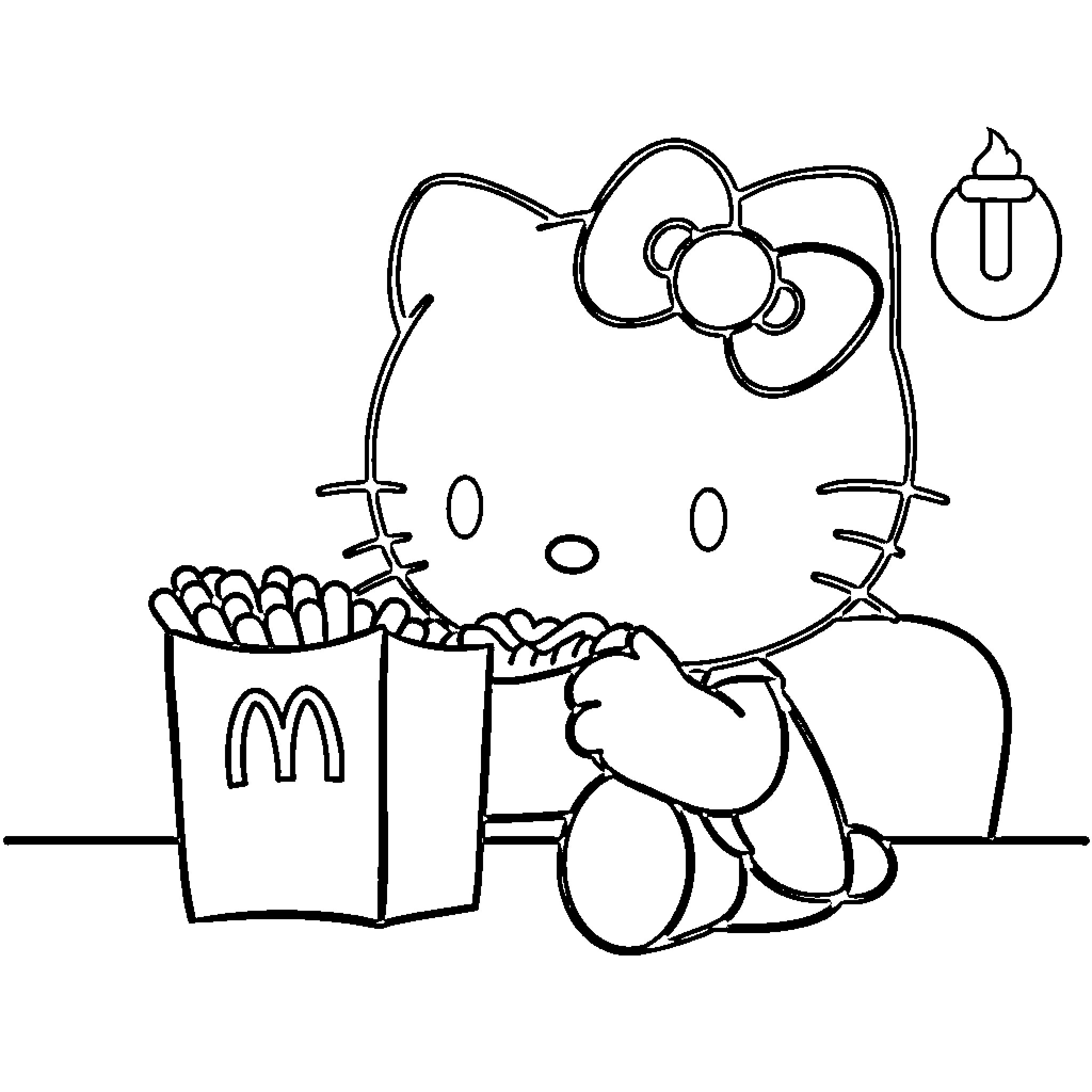 Hello Kitty enjoying fast food and a drink Coloring Page (free black-and-white line drawing printable PDF for all, from beginners to advanced learners, including children, teens, adults, and seniors)